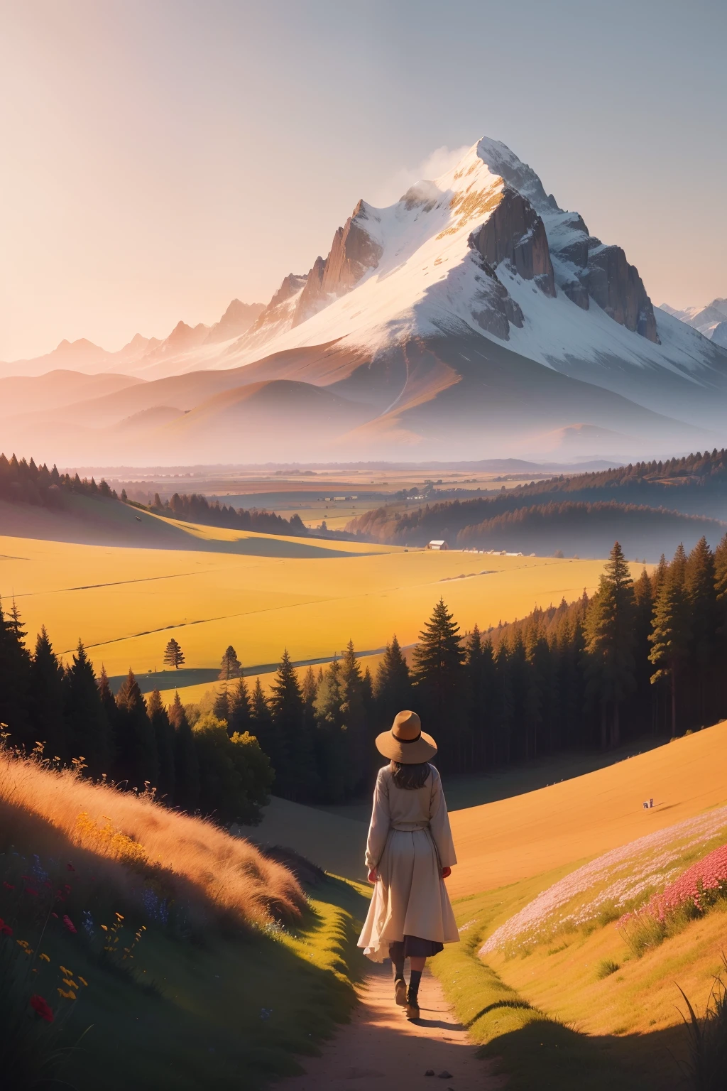 The picture would depict a person standing in a field, surrounded by rolling hills, with the sun setting majestically in the background. The person would have an expression of wonder and serenity on their face, as though they were experiencing something profound and life-changing. In the foreground of the picture, there would be a field of wildflowers, each one unique and vibrant, adding to the serenity and beauty of the scene. Behind the person, a tree would be growing, its branches reaching up to the sky, as though it were a symbol of strength and stability. In the distance, a mountain range could be seen, bathed in the warm, golden light of the setting sun. A gentle breeze would be rustling the grasses and wildflowers, creating a sense of movement and tranquility. The overall effect would be a picture of peace and harmony, a place where serendipitous moments can take place and be transformed into life-changing experiences. The picture would evoke a sense of wonder, mystery, and possibility, a place where anything is possible, and the world is full of opportunity.