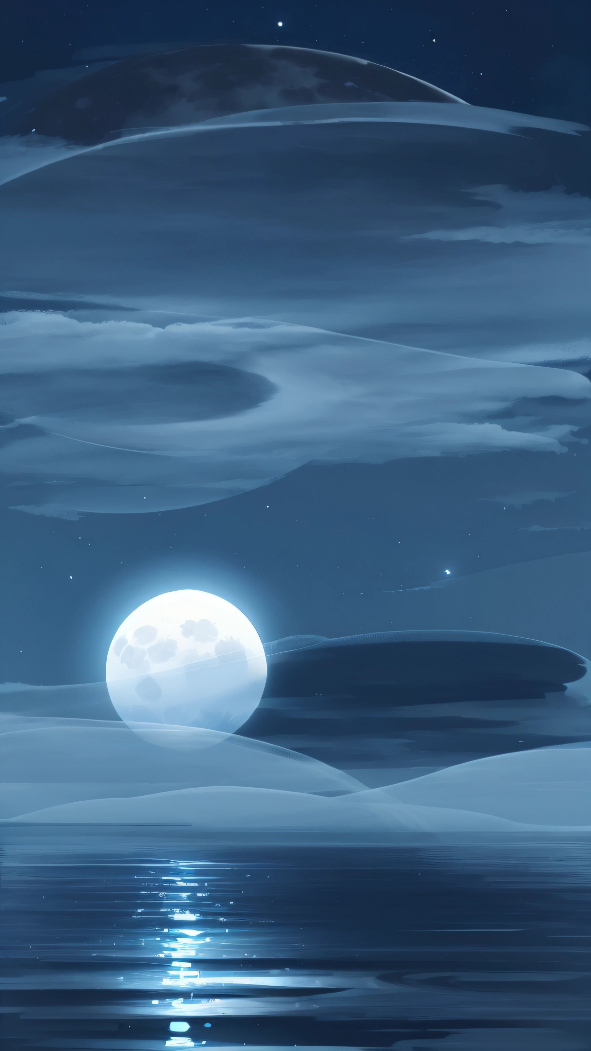 Painting the full moon rising on the water, moon light in the top background, big white moon background, Moonlight background, soft blue moonlight, calm evening. Digital illustration, Illustration style，minimal style，float under moon light at night, sandy white moon landscape, refracted moon on the ocean, moonlit ocean, lunar backdrop, white moon in the background, big moon above the water