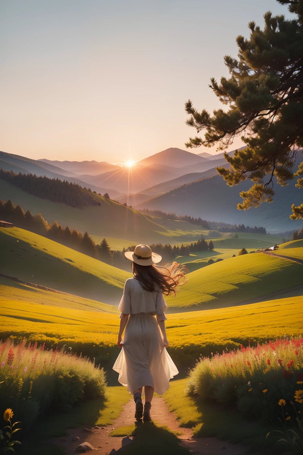 A woman walking down a path in a field with a hat on - SeaArt AI
