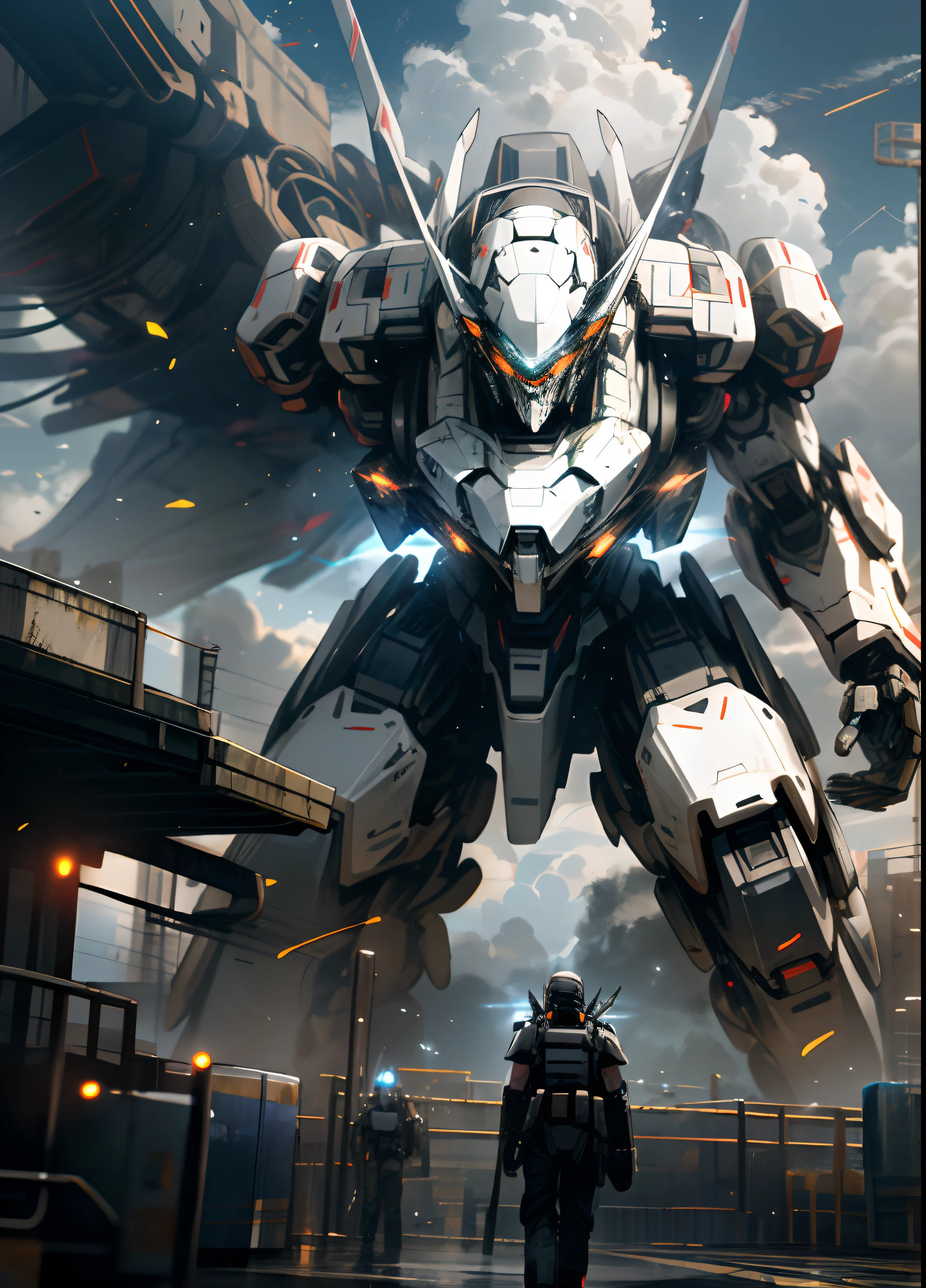 Skysky，​​clouds，handheldweapons，Unattended，with light glowing，droid，buliding，Glowing eyes，mechs，scientific fiction，城市，Realistis，mechs。