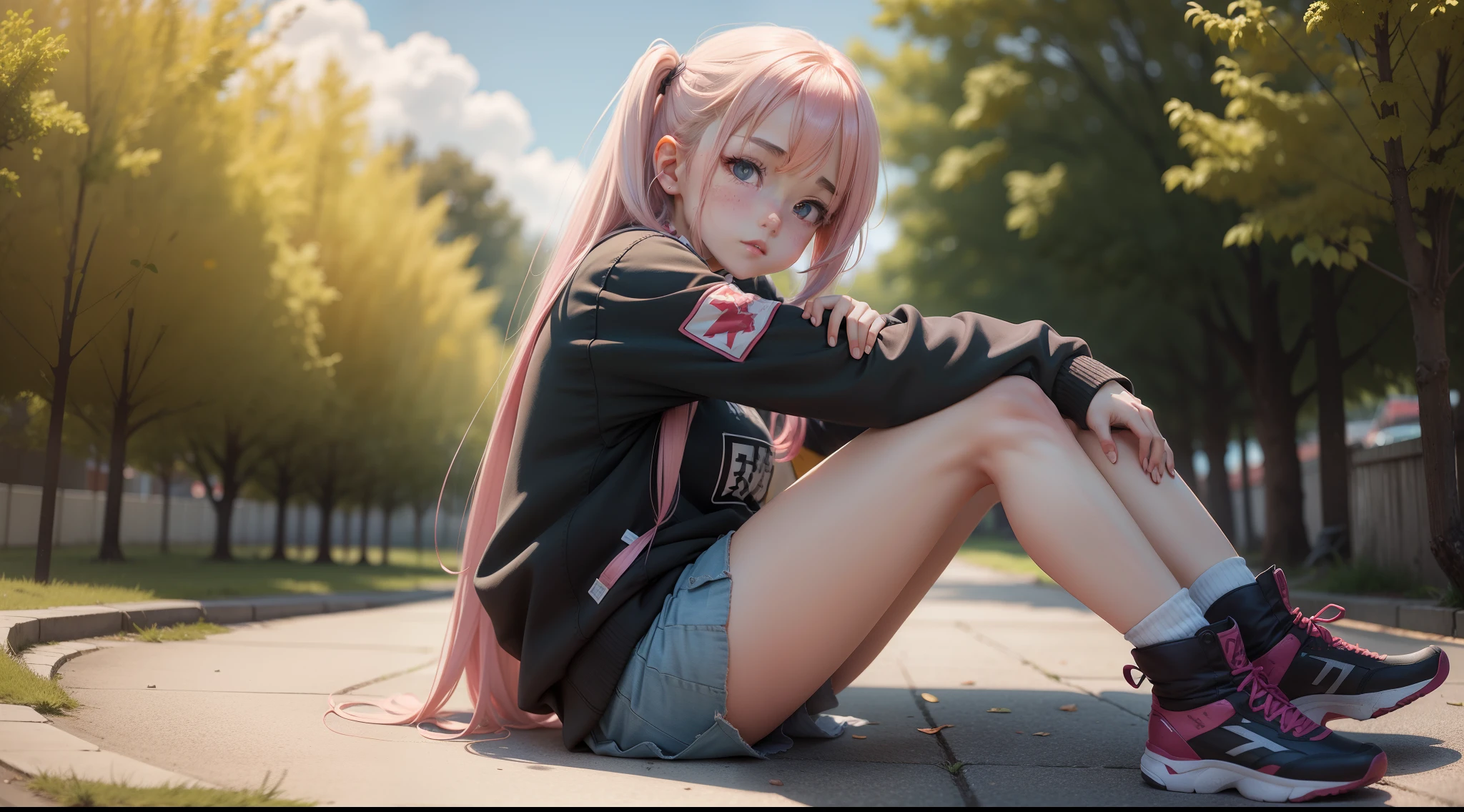 Anime girl sitting on the ground,The clothing is partially damaged,The complexion is rosy and shiny
