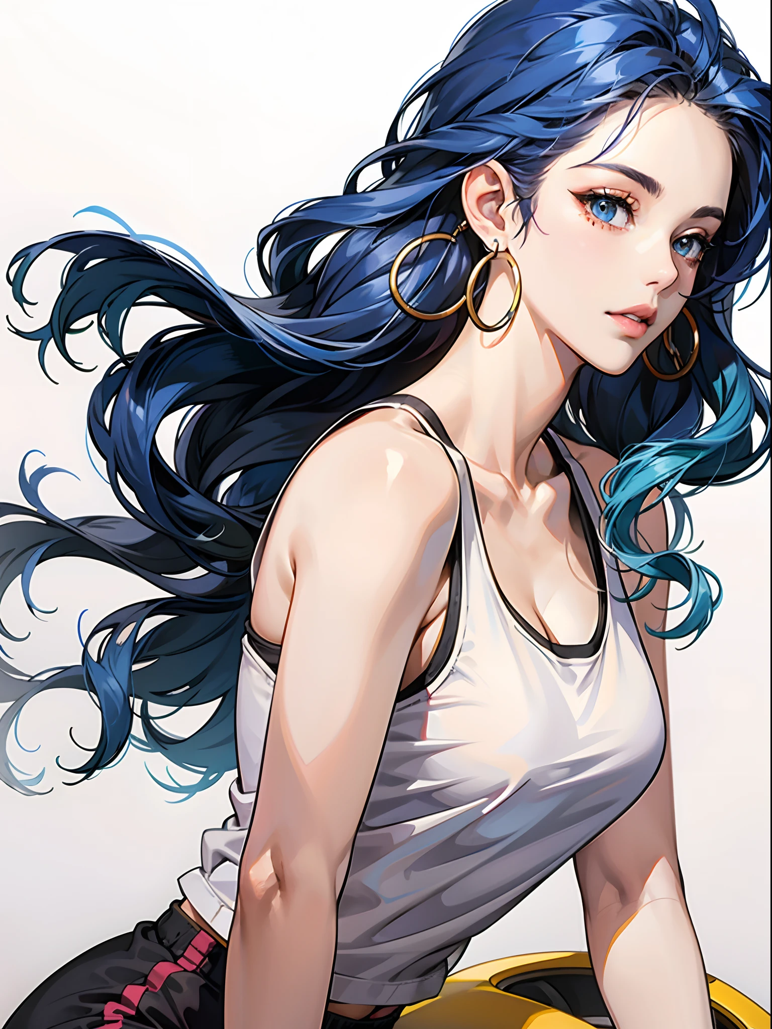 Latina girl with blue curly hair. Hoop earrings, tank top