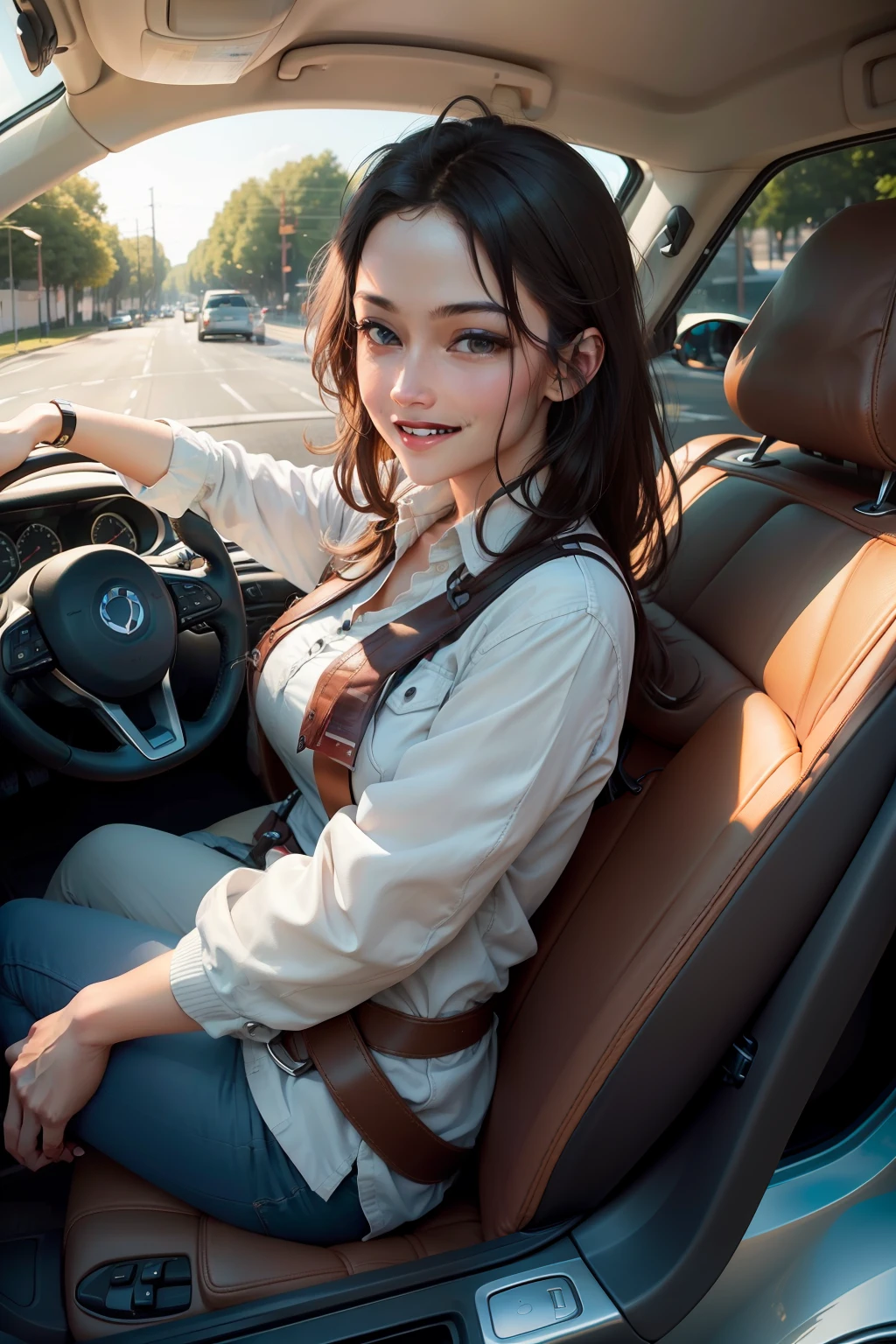 Visualize a person with an expression of joy and pride, holding the steering wheel with one hand and displaying the driver's license document in the other, enjoying the feeling of freedom and accomplishment while behind the wheel of your own car