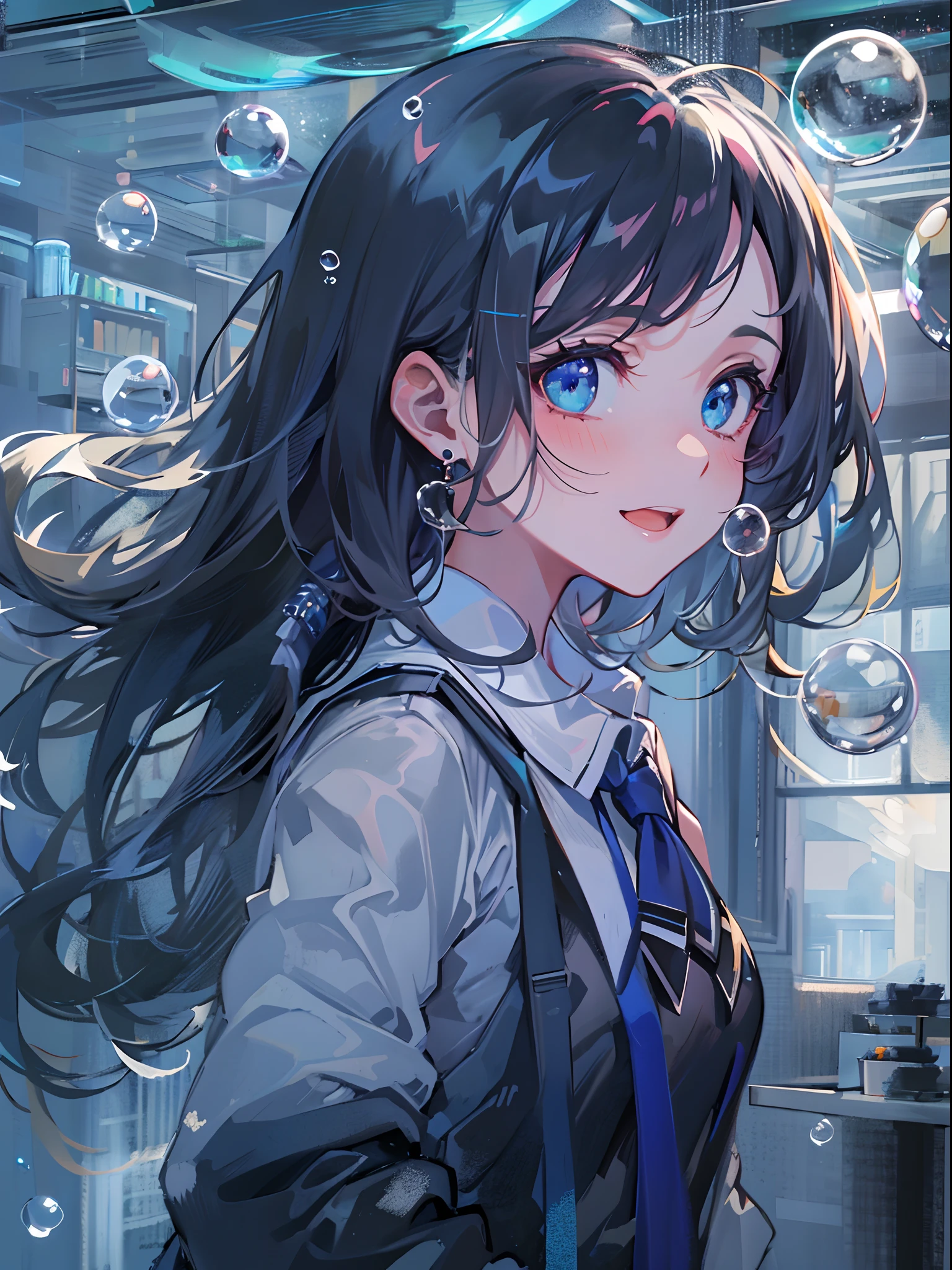 ((top-quality)), ((​masterpiece)), ((ultra-detailliert)), (extremely delicate and beautiful), girl with, 独奏, cold attitude,((Black jacket)),She is very(relax)with  the(Settled down)Looks,A dark-haired, depth of fields,evil smile,Bubble, under the water, Air bubble,bright light blue eyes,Inner color with black hair and light blue tips,Cold background,Bob Hair - Linear Art, a miniskirt、knee high socks、White uniform like school uniform、Light blue ribbon ties、Clothes are sheer、Hands in pockets、Ponytail hair