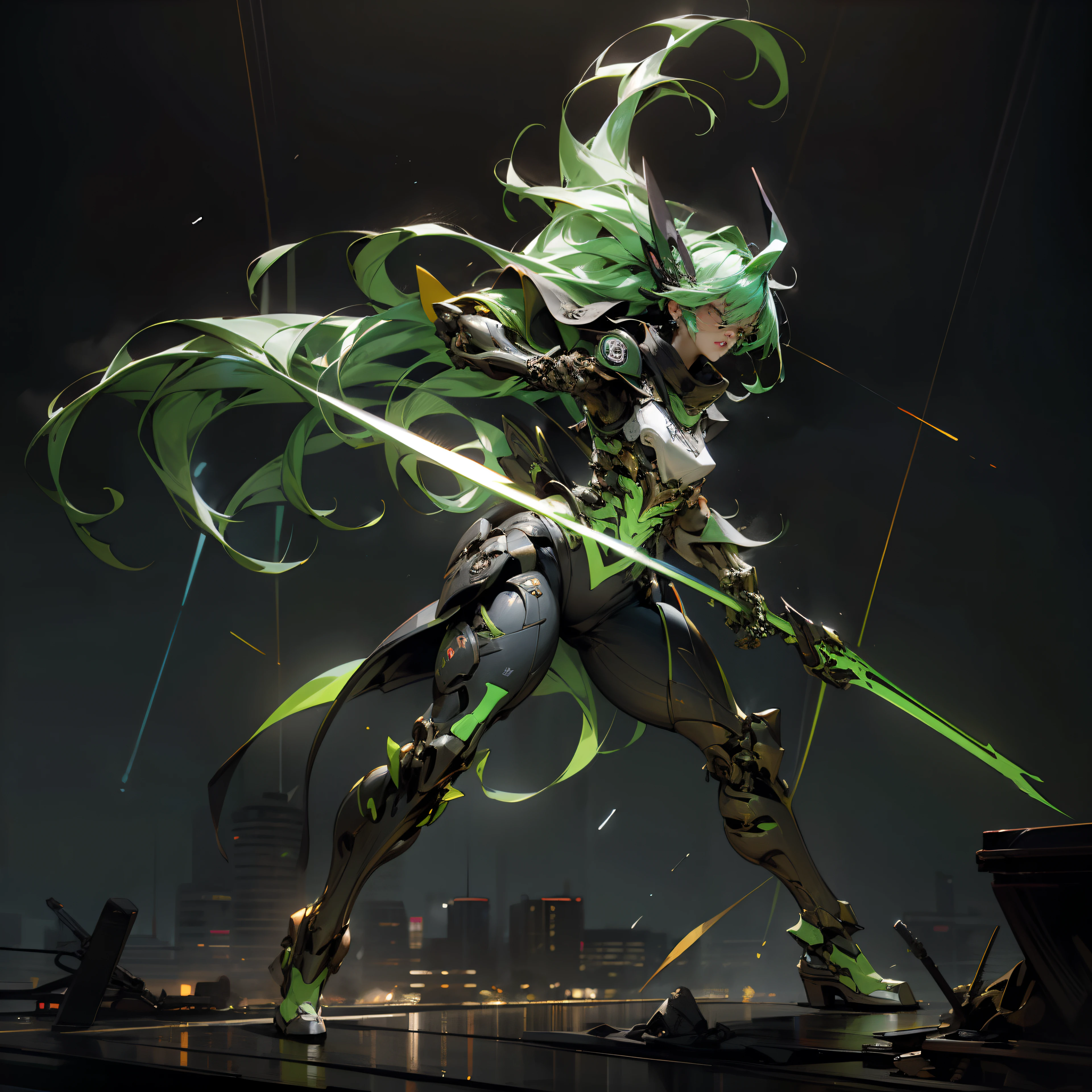 FULL BODY DRAMATIC ACTION POSE (neon green skeleton cyborg girl, holding a long green flaming kitana, long flying hair )REAL SKIN WRX62, REFLECTIVE SKIN MH66, VSGX62, REAL LIFE 5D PRO, NVDIA, AMD GRAPHICS, EPIC PORTRAIT, MOVIE STYLE DYNAMIC LIGHTING PRO, PERFECT DETAILED FACE, highly detailed, micro detail, intricate, 8K, hyper detailed, realistic render, unreal engine, hyperrealistic, lifelike, very coherent, fantasy, cinematic lighting, at night, epic composition, masterpiece, cinematic,