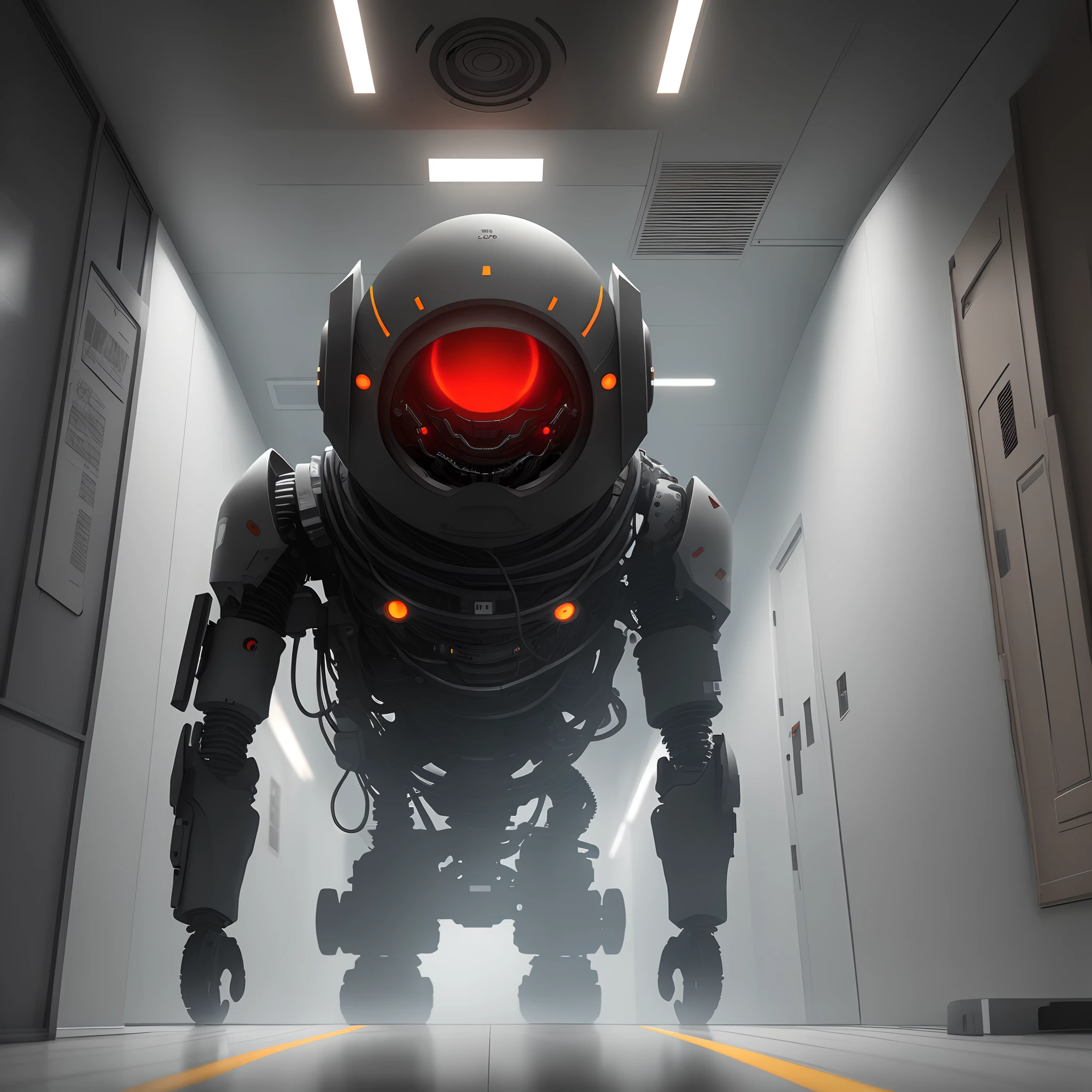 In a gray room beneath the Capital Science and Technology Center, there is a giant square AI with red eyes。Futuristic sci-fi style,terrorism。