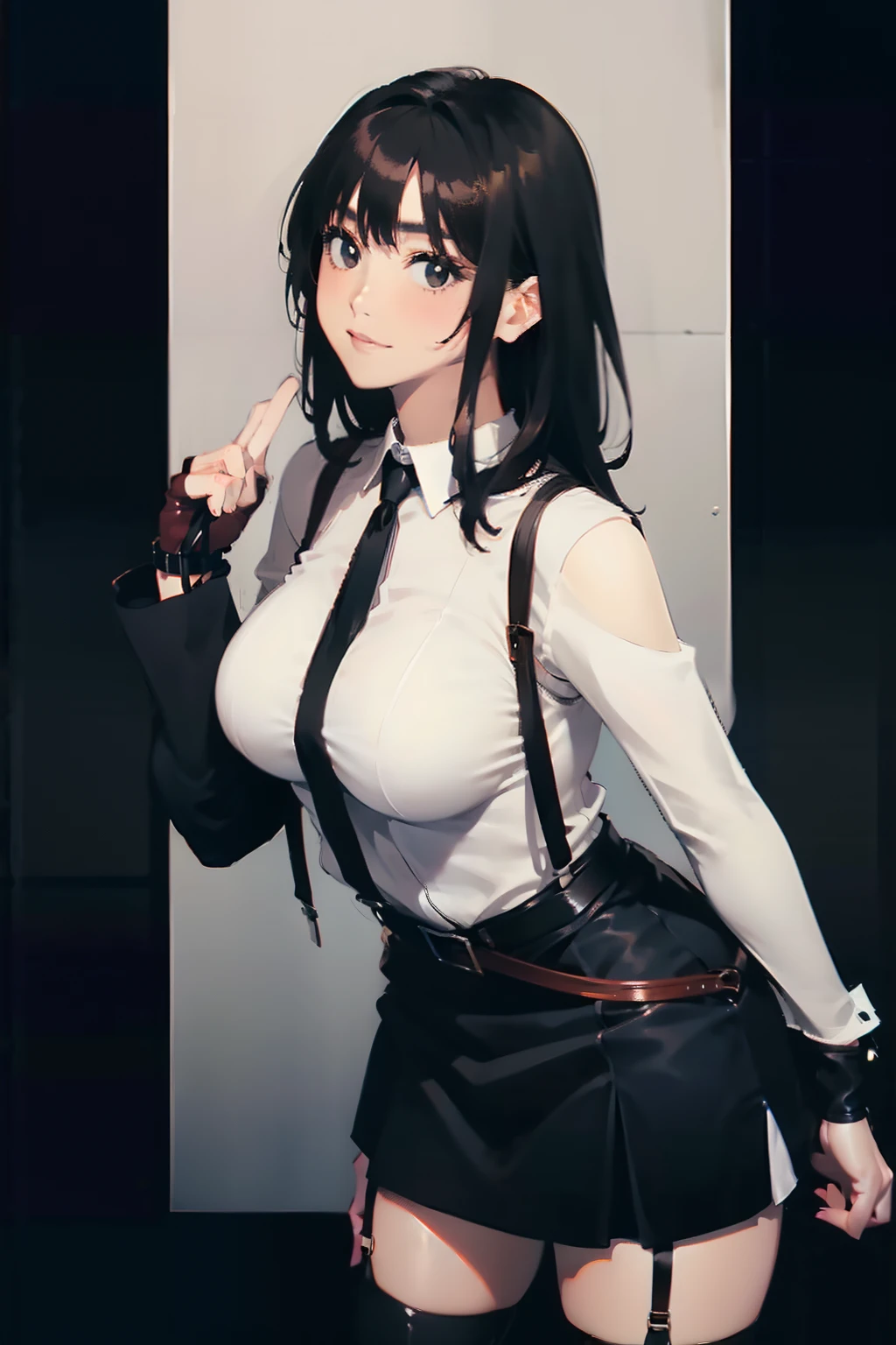 a belt suspenders a black skirt neck tie Black tank top Black stockings Brown hair long Gray eyes holster Garter belt on the legs large full breasts Fold your hands behind your back Get hungry Colossal tits Pichi Pichi clothes