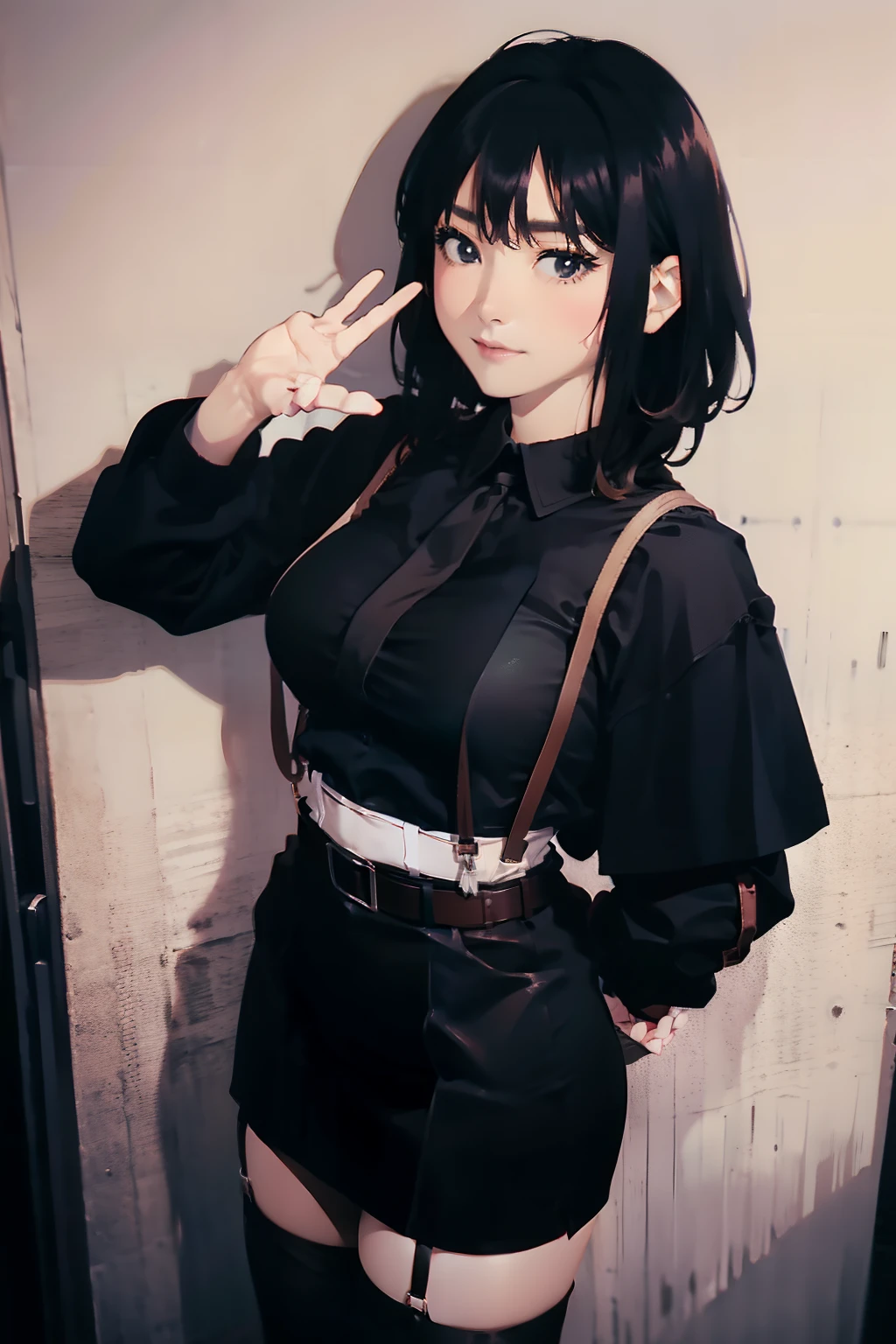 a belt suspenders a black skirt neck tie Black tank top Black stockings Brown hair long Gray eyes holster Garter belt on the legs large full breasts Fold your hands behind your back Get hungry Colossal tits Pichi Pichi clothes