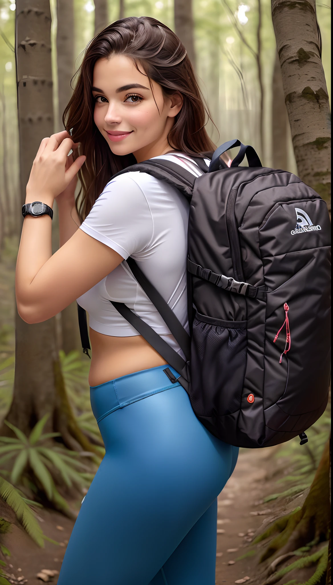 mulher linda arafed com cintura fina, Quadril fino e bota tonificada, a backpack and a bottle of water in a forest, roupas de caminhada, tight legging pants, legging pants has, usando equipamento de aventura, com uma mochila, equipamento de aventura, carrying survival gear, usando equipamento de aventura, Trekking em uma floresta, com dois bolsos frontais, incrivelmente detalhado, ao ar livre, with a happy expression, foto de retrato detalhada, carregando um saco de selim, Belas vistas, Dia de Corinne