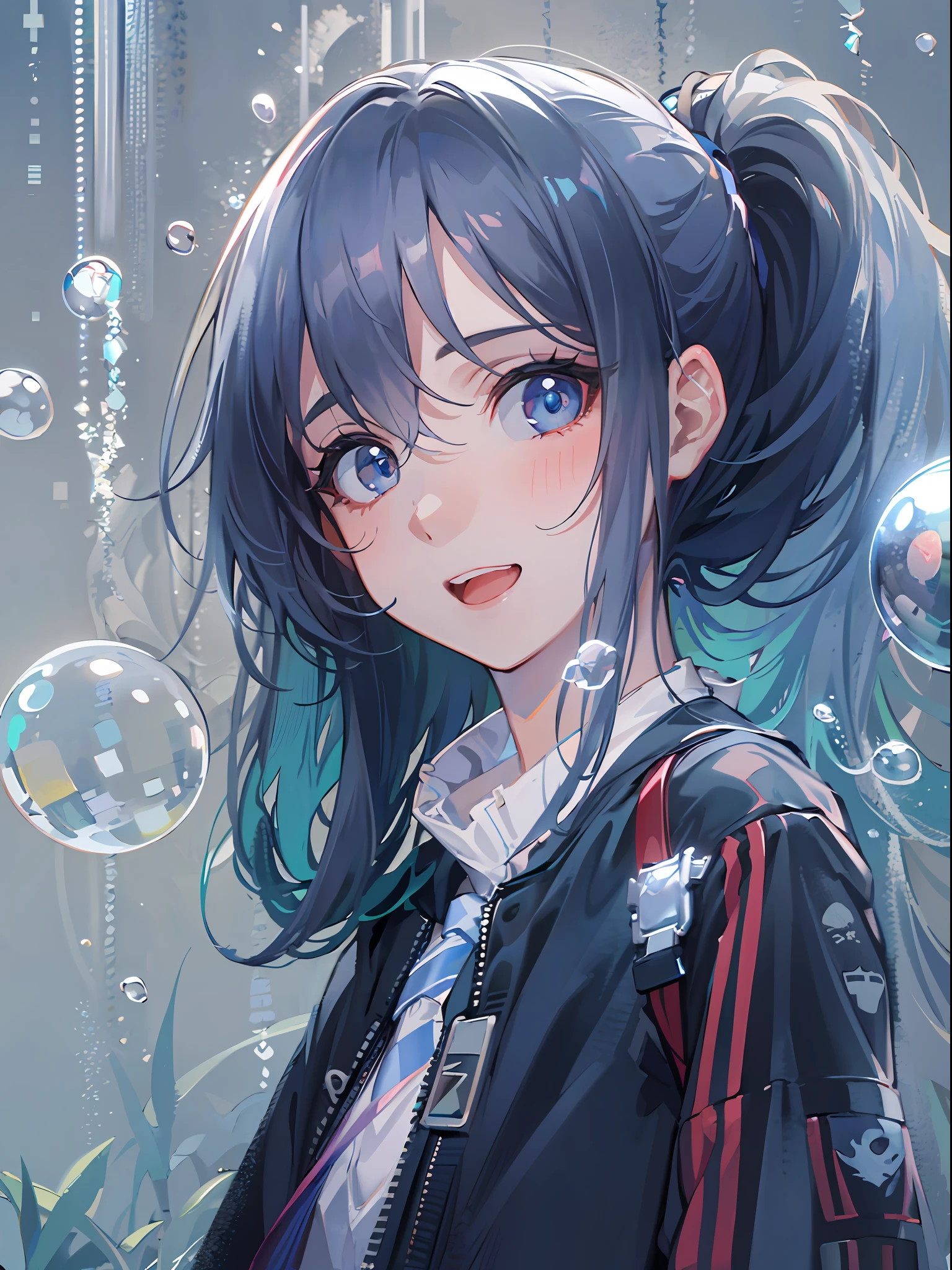 ((top-quality)), ((masterpiece)), ((ultra-detailliert)), (extremely delicate and beautiful), girl with, 独奏, cold attitude,((Black jacket)),She is very(relax)with the(Settled down)Looks,A dark-haired, depth of fields,evil smile,Bubble, under the water, Air bubble,bright light blue eyes,Inner color with black hair and light blue tips,Cold background,Bob Hair - Linear Art, shortpants、knee high socks、White uniform like school uniform、Light blue ribbon ties、Clothes are sheer、Hands in pockets、Ponytail hair、