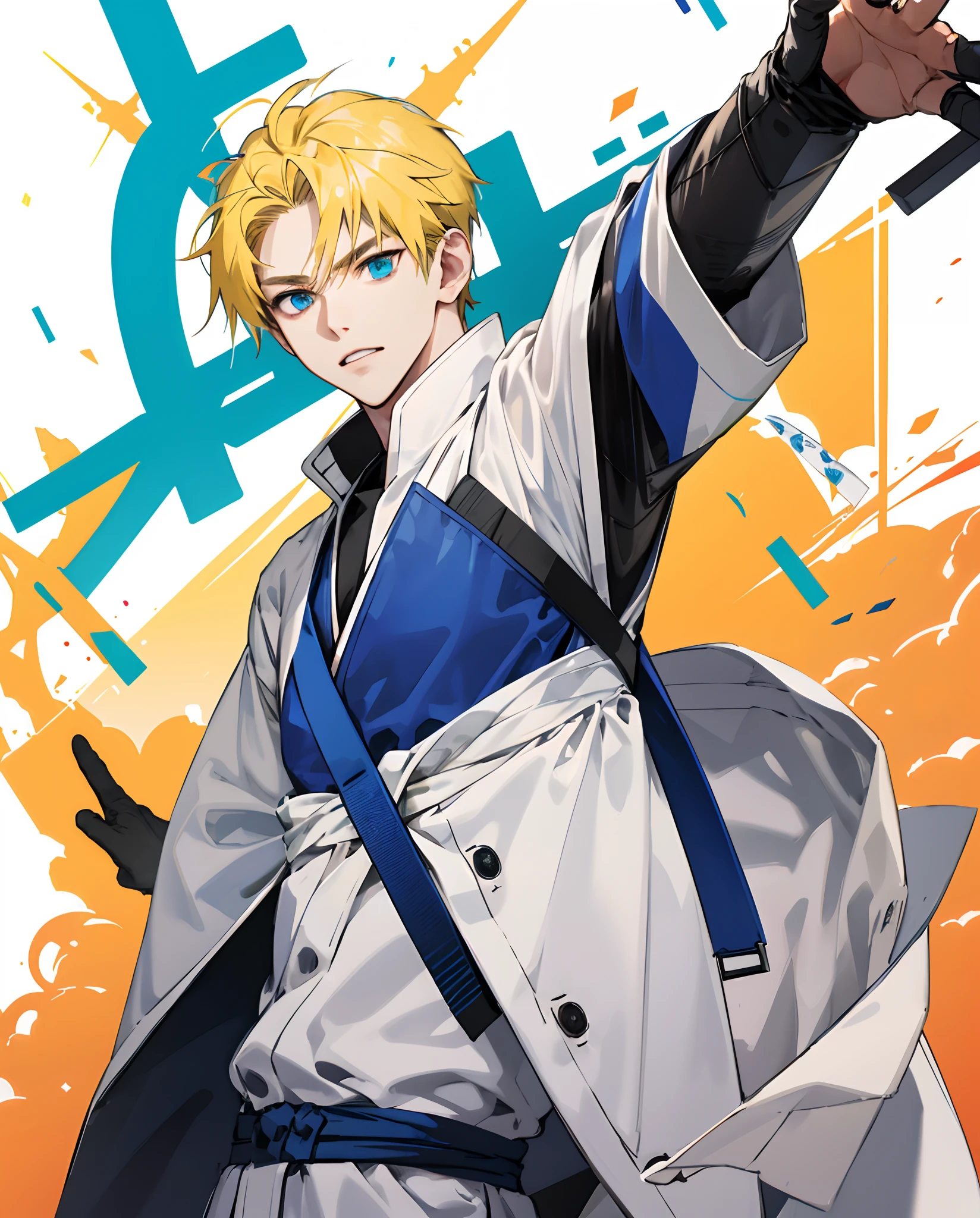 Yellow hair and blue eyes,He often wears a white Hokage robe with the words "Fourth Hokage" written on it、Lined with a ninja green vest、blue skinsuit。