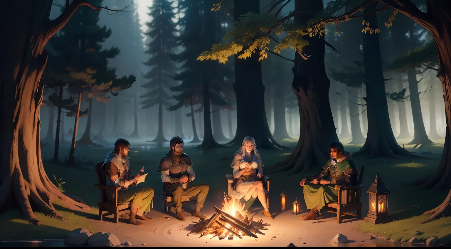 Imagine a tranquil scene of a legendary Dungeons and Dragons warrior resting serenely by a shimmering campfire, in a magical light in the middle of an enchanted forest."