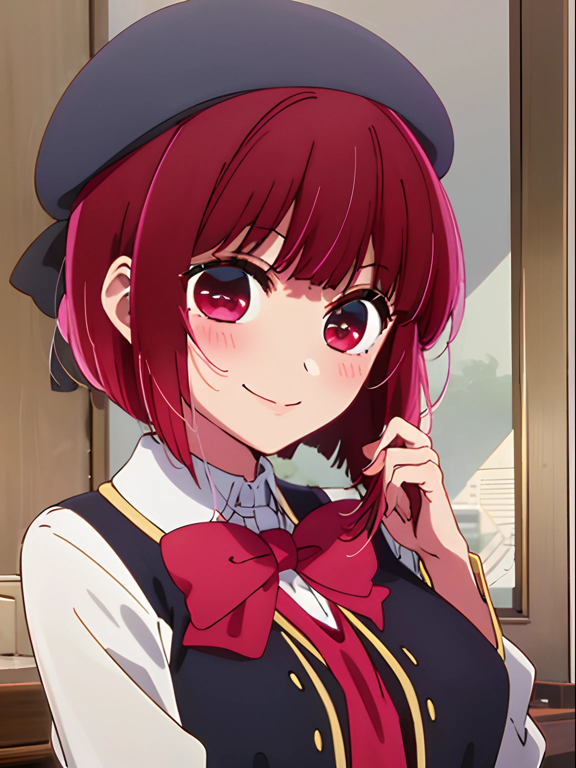 ​masterpiece、ighly detailed、(1 girl in:1.2)、Red hair、Learn uniforms、big eye、a closeup、A smile、8K、short-hair、beret、(((anime styled)))、Shining eyes