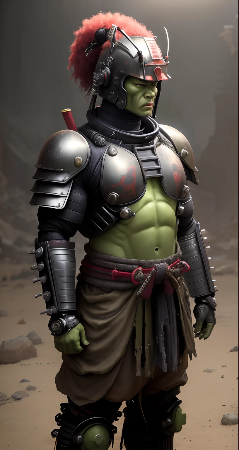 masterpiece, best quality,1 cyborg Samurai solo, hulk figure, (wasteland|punk:1.1), (Spacesuit|Football Shoulder Pad:3.1)Samurai Helmet,dress like samurai,claymation,Two samurai swords,Wide-fitting clothing,, 4k, ultra detailed, hdr,