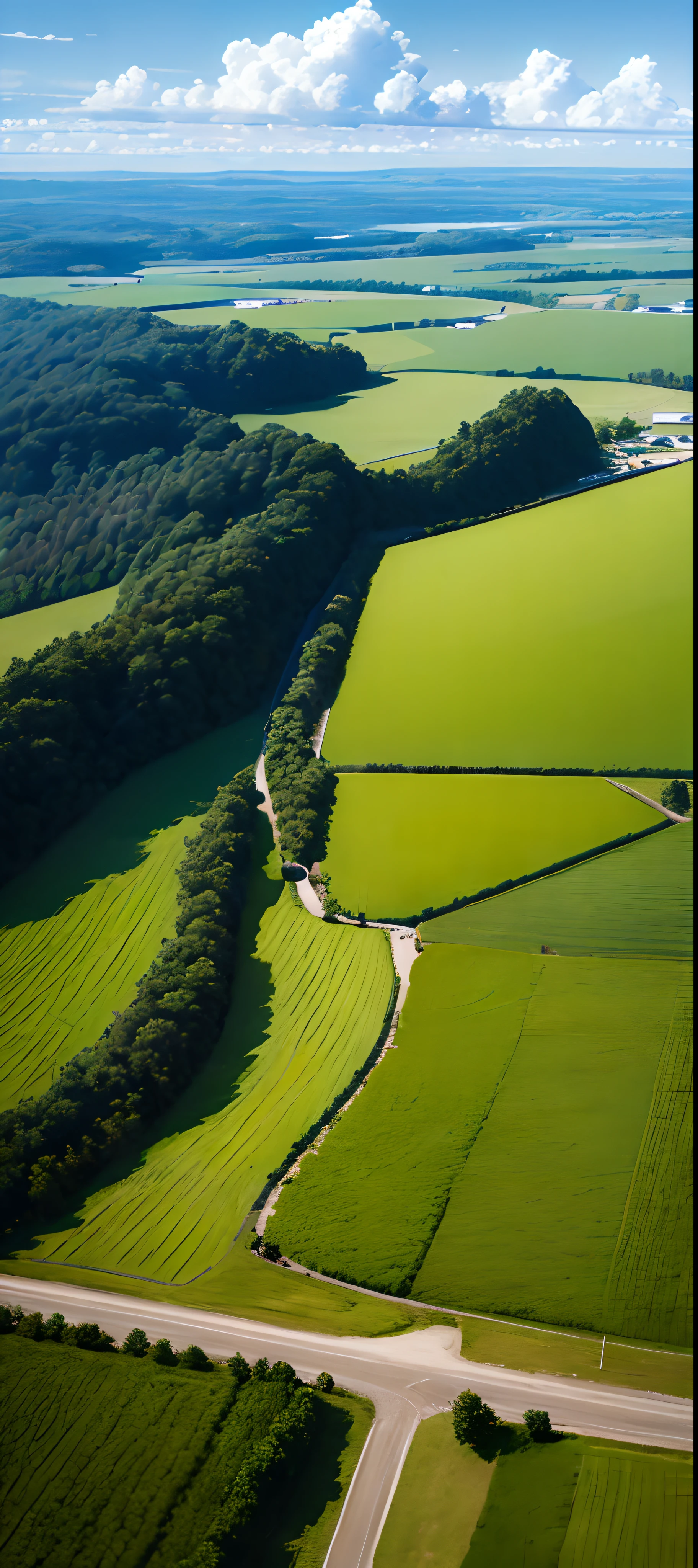(Winding roads in the countryside),Large clouds、blue-sky、Rice fields,There are neat rice seedlings in the field,ln the forest,hillside,Quiet,Rustic,high definition detail、Hyper-detailing、cinematic ligh、ultra-realistic realism、Soft light、Deep field focus bokeh、Ray tracing and surrealism,Meticulous painting,Aerial view,High-altitude view,Single photo,One perspective,The image size is 3200×1440,Tall mountains in the distance,