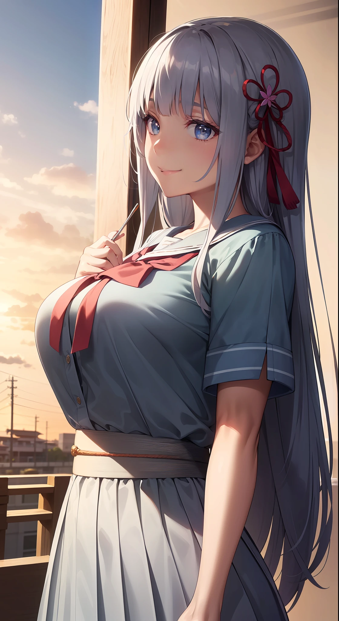 hair ornament, very long hair, japanese clothes, professional artwork, Intricate Details, field of view, sharp focus, detailed painting, photorealistic lighting, trending on pixiv, Standing at attention, ((school girl, summer school outfit)), ((large breasts:1,3)), Beautiful body,Beautiful Nose,Beautiful character design, perfect eyes, perfect face, looking at viewer, SFW,official art,extremely detailed CG unity 8k wallpaper, perfect lighting,Colorful, Bright_Front_face_Lighting, (masterpiece:1.0),(best_quality:1.0), ultra high res,4K,ultra-detailed, photography, 8K, HDR, highres, absurdres:1.2, Kodak portra 400, film grain, blurry background, bokeh:1.2, lens flare, (vibrant_color:1.2), shikkoku_yorihime, (happy smile, cheers), ((looking at viewer, front body pose))