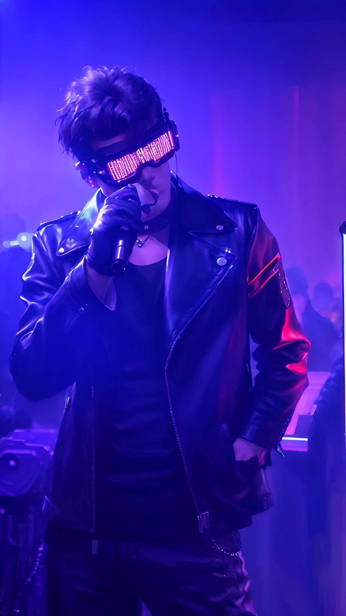 there is a man in a leather jacket and sunglasses on a microphone, cyber punk setting, wearing cyberpunk leather jacket, he wears dark visors, cyber songman, by Robbie Trevino, jean deville, wearing shiny black goggles, edited, dark vibes, taken in the early 2020s, cyberpunk vibe, retro punk, papa emeritus, there is a man with black leather cloathes, he is a vocalist with mic, leather gloves, illuminated sun glasses, white man, shaved face, hands with five fingers, realistic, photorealistic, BiophyllTech, bioluminescent ,fully-organic, utopia, scholar , scroll, 1boy, blue skin, high resolution 8k, blue atmosfere, on stage, hand holding a microphone near of the mouth, black leather biker coat, posing like a boss, shaved face like a newborn, man singing on microphone, sweet posing, calm song