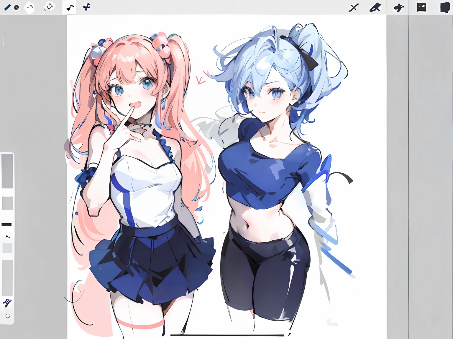 Sketch of two women dressed in blue and white, A red-haired, jazza and rossdraws, flat anime style shading, in the art style of 8 0 s anime, ig studios anime style, drawn in anime painter studio, semirealistic anime style, Anime art style, anime realism style, In anime style, peach and goma style, in an anime style