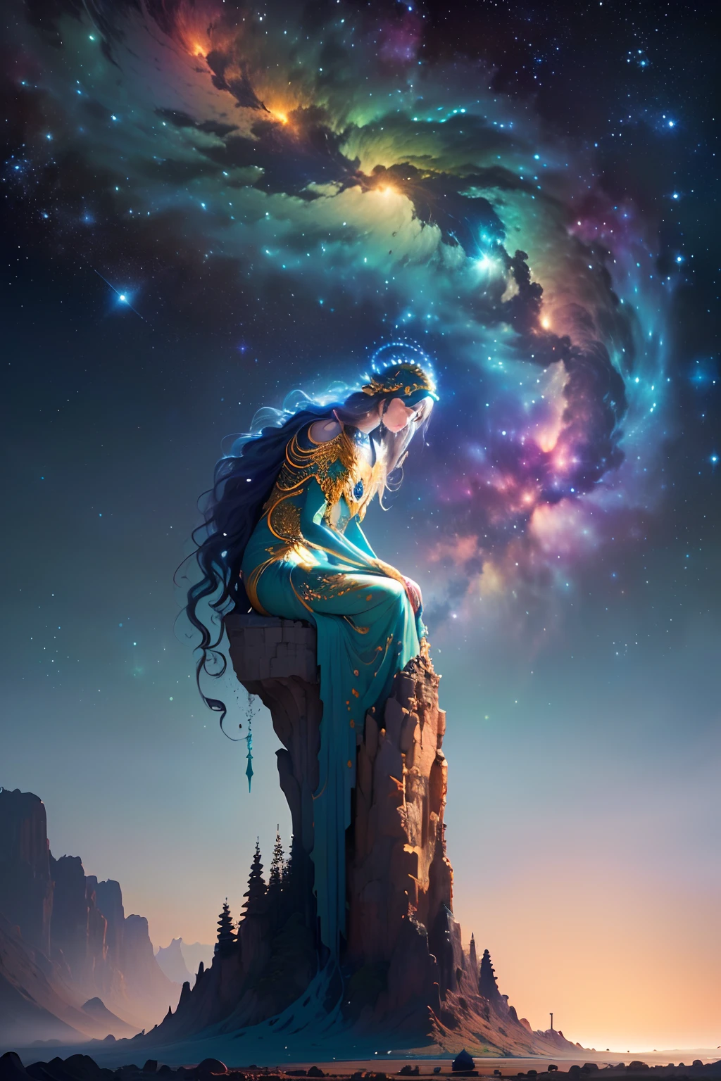 ((melhor qualidade)), ((obra-prima)), (detalhado), deusa, cosmic entity, humanoide no meio das montanhas de uma vale, encantado, noite de luar, cores suaves, (paisagem de nuvens detalhada:1.3), (alta resolução:1.2)