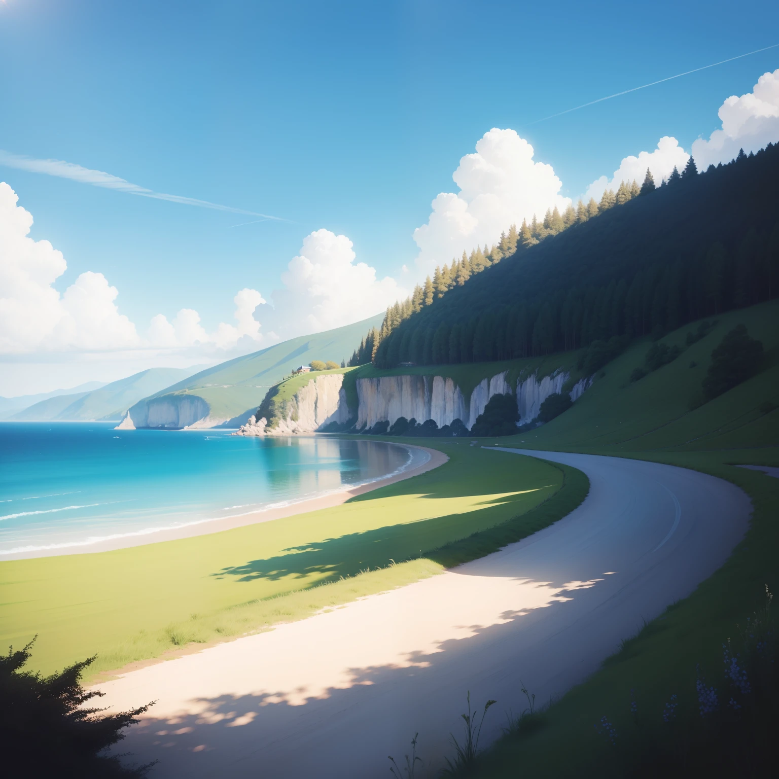 A landscape with a blue sky, a comfortable breeze and a sun shining gently