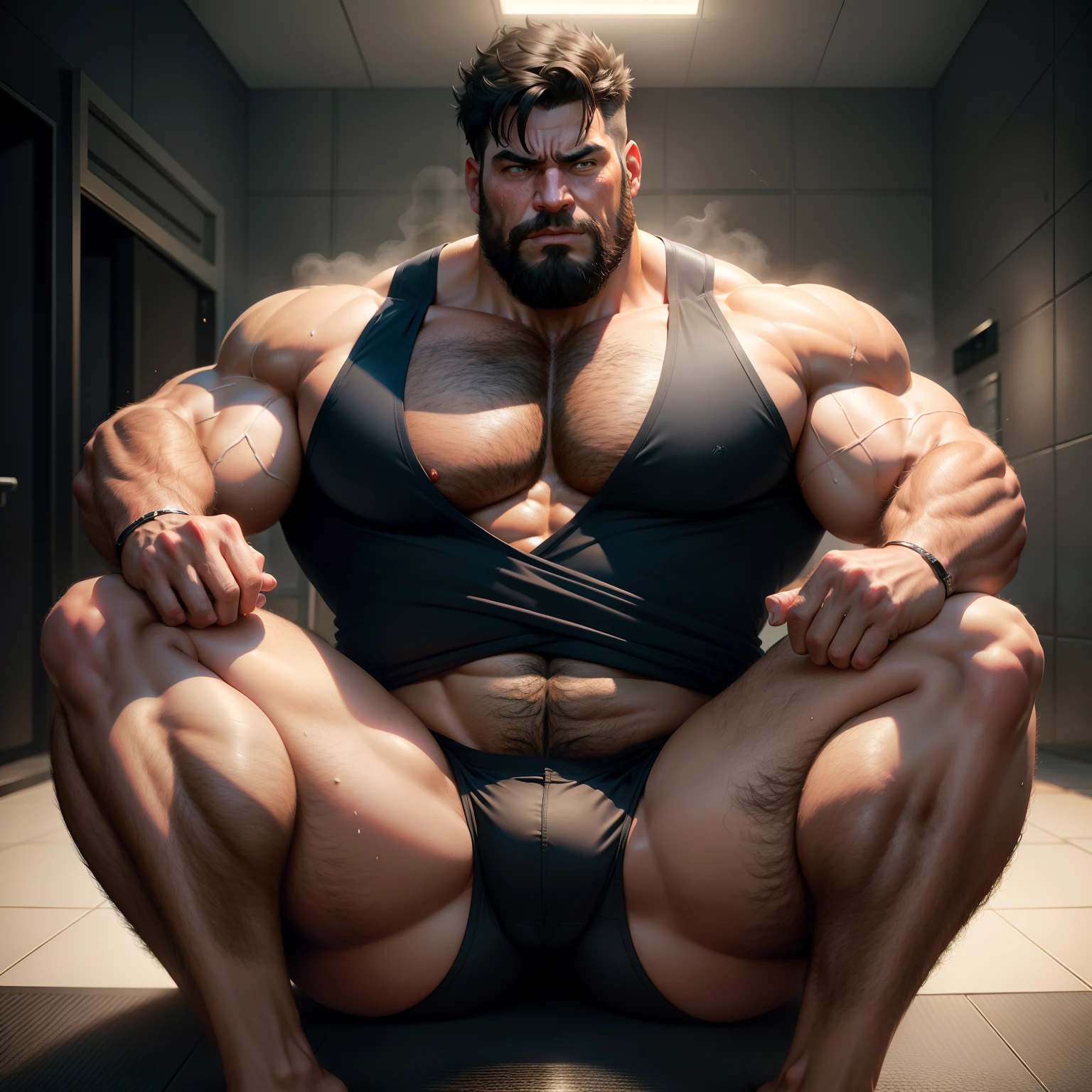Uncle Banner the Hulk in the Avengers,Male uncle,A little bearded,Strong body,big breasts slightly fat,Short black hair,The upper body is wearing a blue police uniform,The shirts were all unbuttoned,Exposes the pectorals and abs,The lower half of the body wears black trousers,There is chest hair,The arms are hairy,Thick hairs on the calves,Body hair on the buttocks,Sit in the steam room,Spread your legs,Legs raised,Expose the thick soles of your feet,Wrap your hands around your thighs,Butt forward,Sweaty face,Covered in sweat,The expression is shy