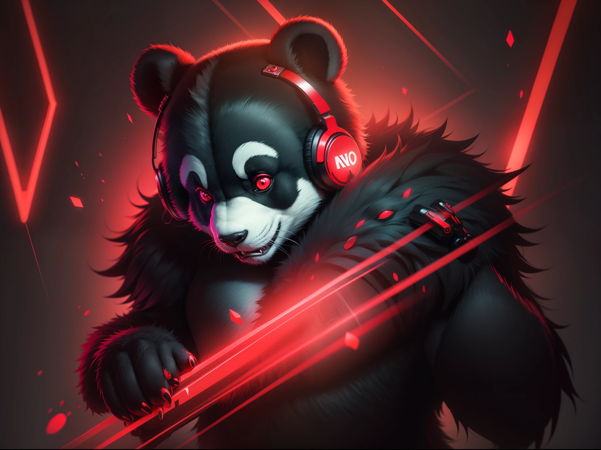 Animal panda neon red insane demonic horror with 8k headphone