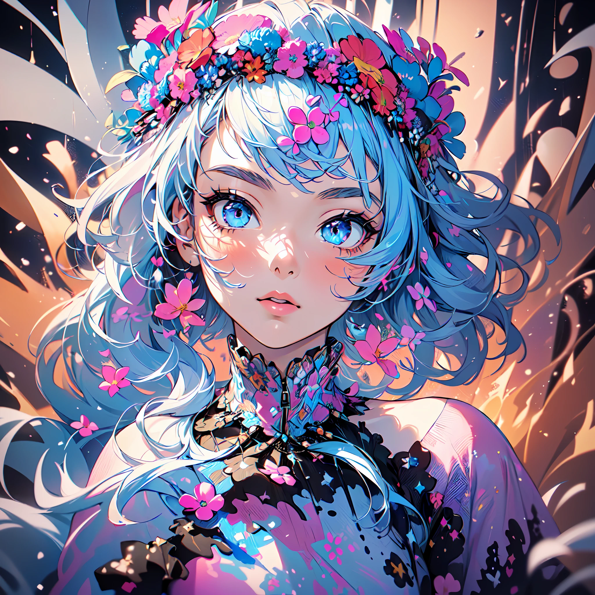 (flowercrown),(1girl in, Solo:1.6),(Best Impact:1.5), (maximalism:1.7),Vivid contrast, (Realistic), hyperrealistic illustrations, hight resolution, ultra-detailliert, absurderes,(Fractal Art:1.3)、Random hairstyle、Random hair color colorful、Iridescent eyes、FULL BODYSHOT、Retro、Precise focus、randome pose、cinema4d、Dramatic