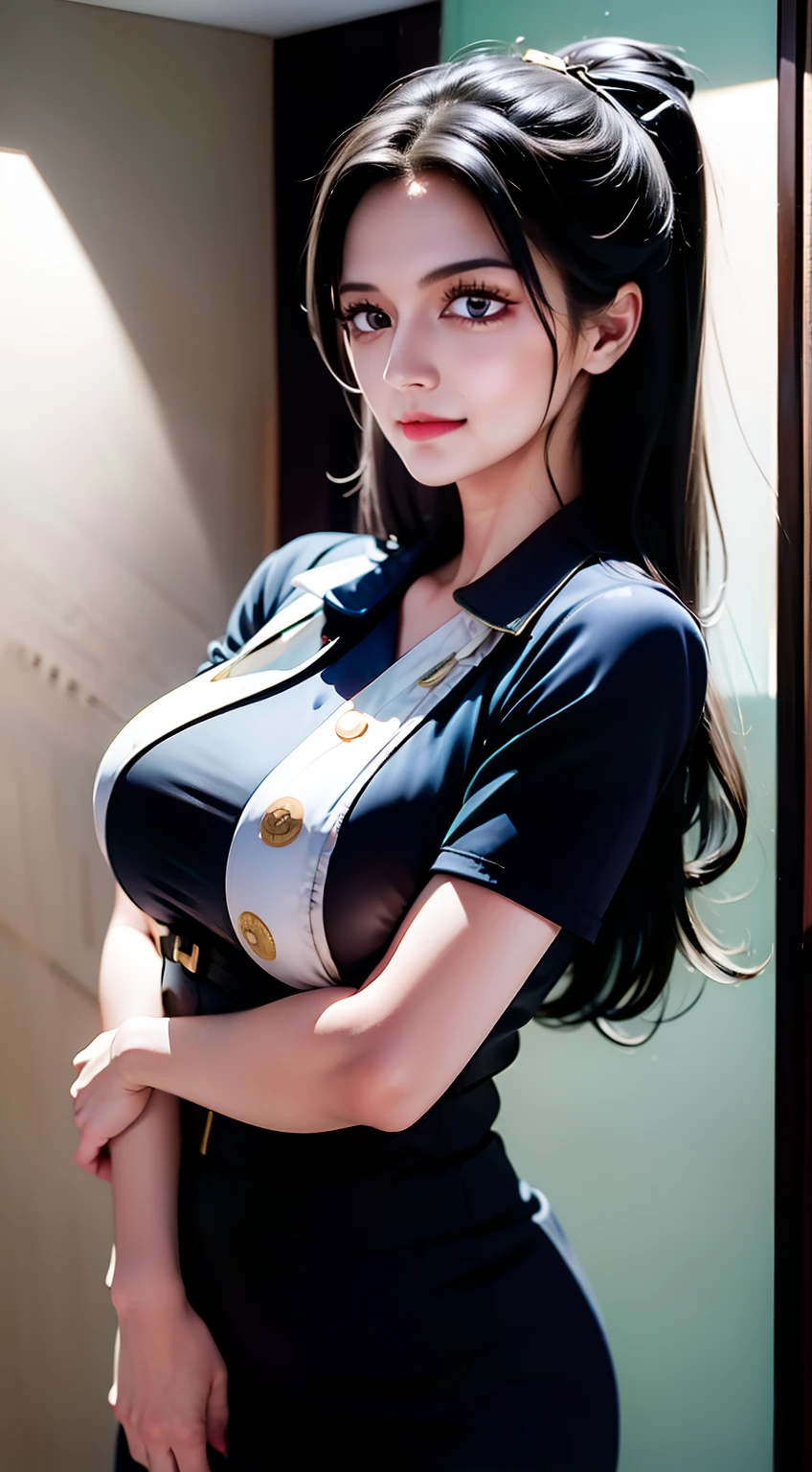 a woman, nico robin from anime one piece, black hair, long hair, hair tie, big boobs, perfect body, standing, tall, tall woman, sexy, hot girl, wearing a hospital nurse's uniform, in the hospital smiling slightly, look towards viewer , HD image, super detail quality, super detail, HD quality, 8k, fuji photo, canon photo