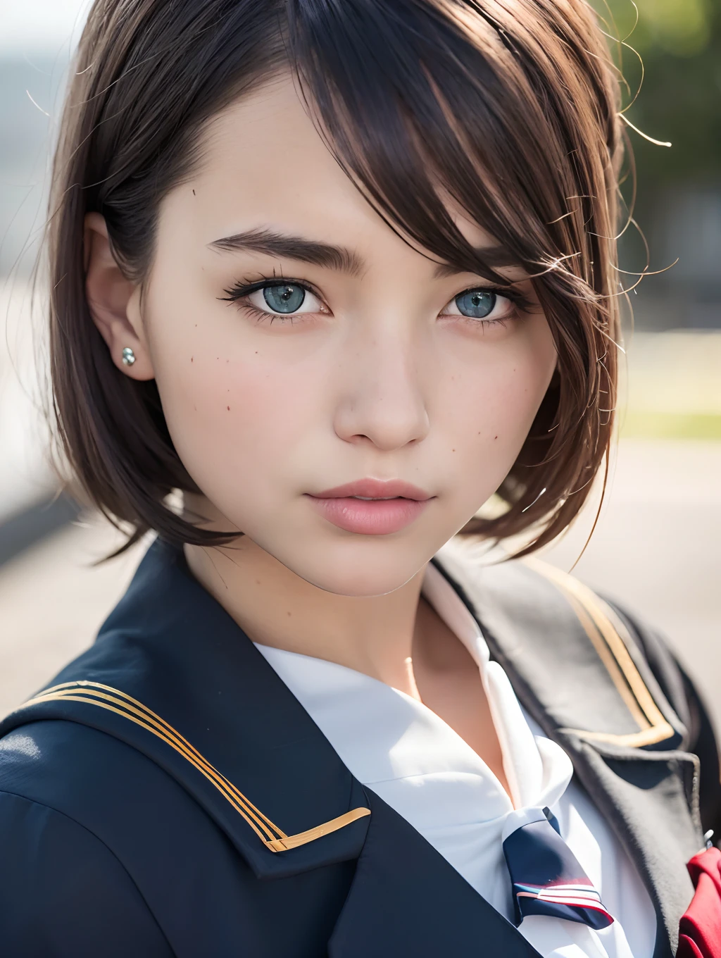 best quality, photorealistic, 8k, high res, 1girl, woman, (skindentation), (professional lighting), (portrait:0.6), (sailor school uniform:1.34), silver necklace:1.6, gorgeous, ((black hair)), (short straight hair:1.4), (eyes looking at viewer), ((looking ...