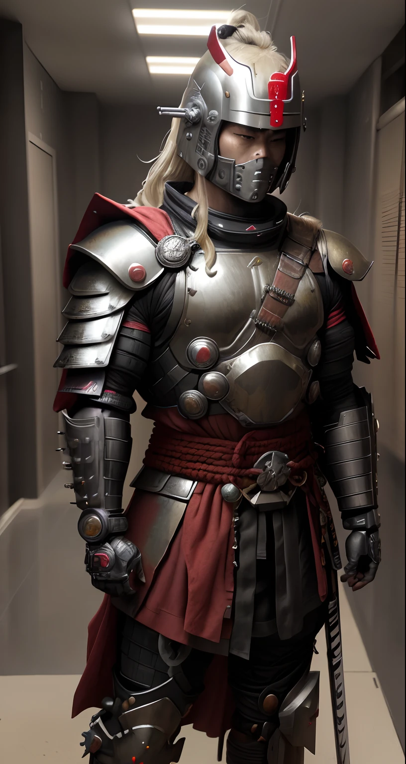 masterpiece, best quality,1 cyborg Samurai solo, Thor figure, (wasteland|punk:1.1), (Spacesuit|Football Shoulder Pad:3.1)Samurai Helmet,dress like samurai,claymation,Two samurai swords,Wide-fitting clothing,, 4k, ultra detailed, hdr,