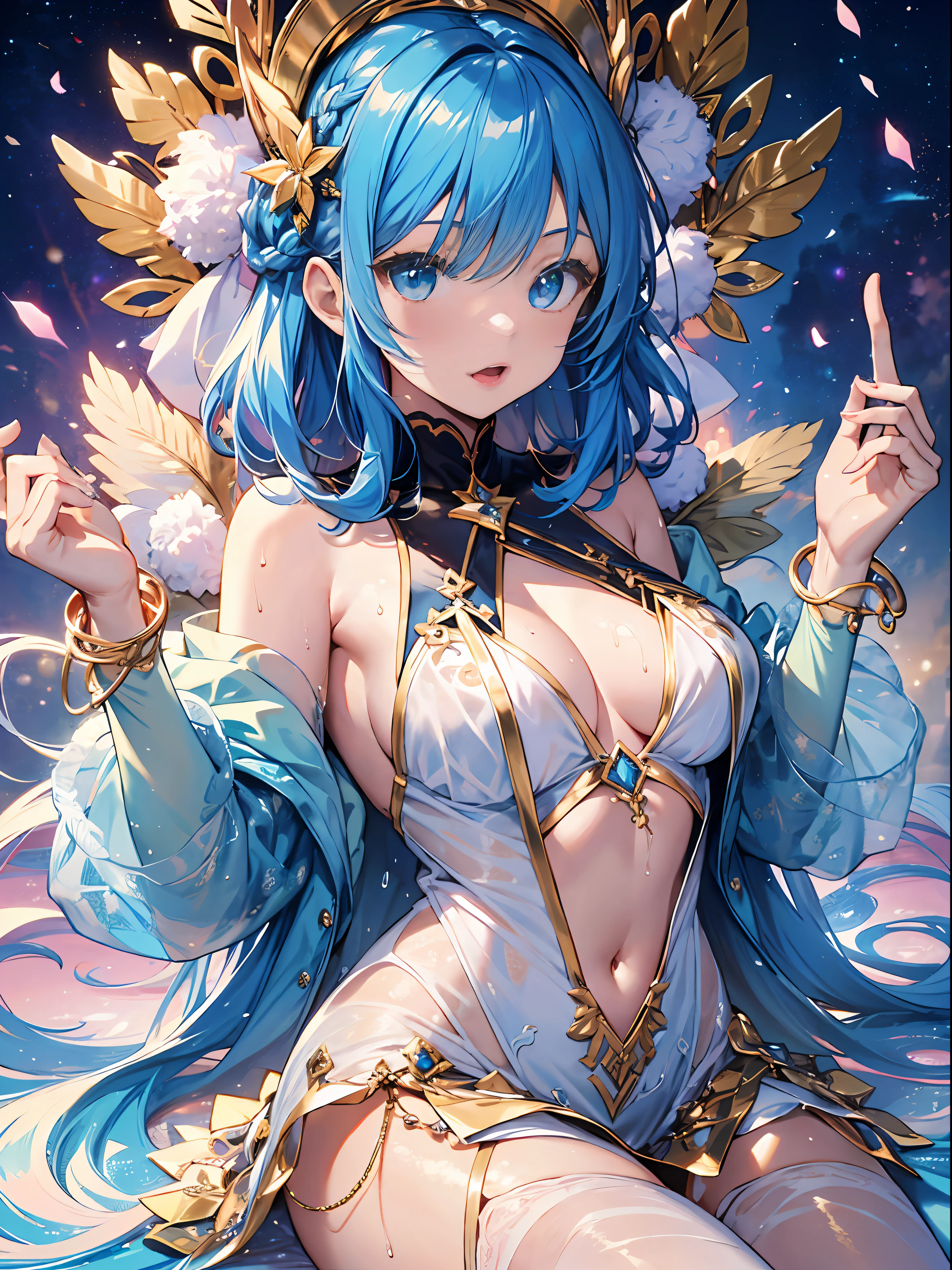 astrologer, masterpiece, Best quality, Ultra high definition, Maximum resolution, Very detailed, Professional lighting, anime, one girl, slender, very cute, young face, ((twintais))、((bleu hair))、Hair Ornament, pink and white dress, golden decoration, wet clothes, (sheer clothes: 1.1), fluffy breasts, Blue eyes, opening mouth