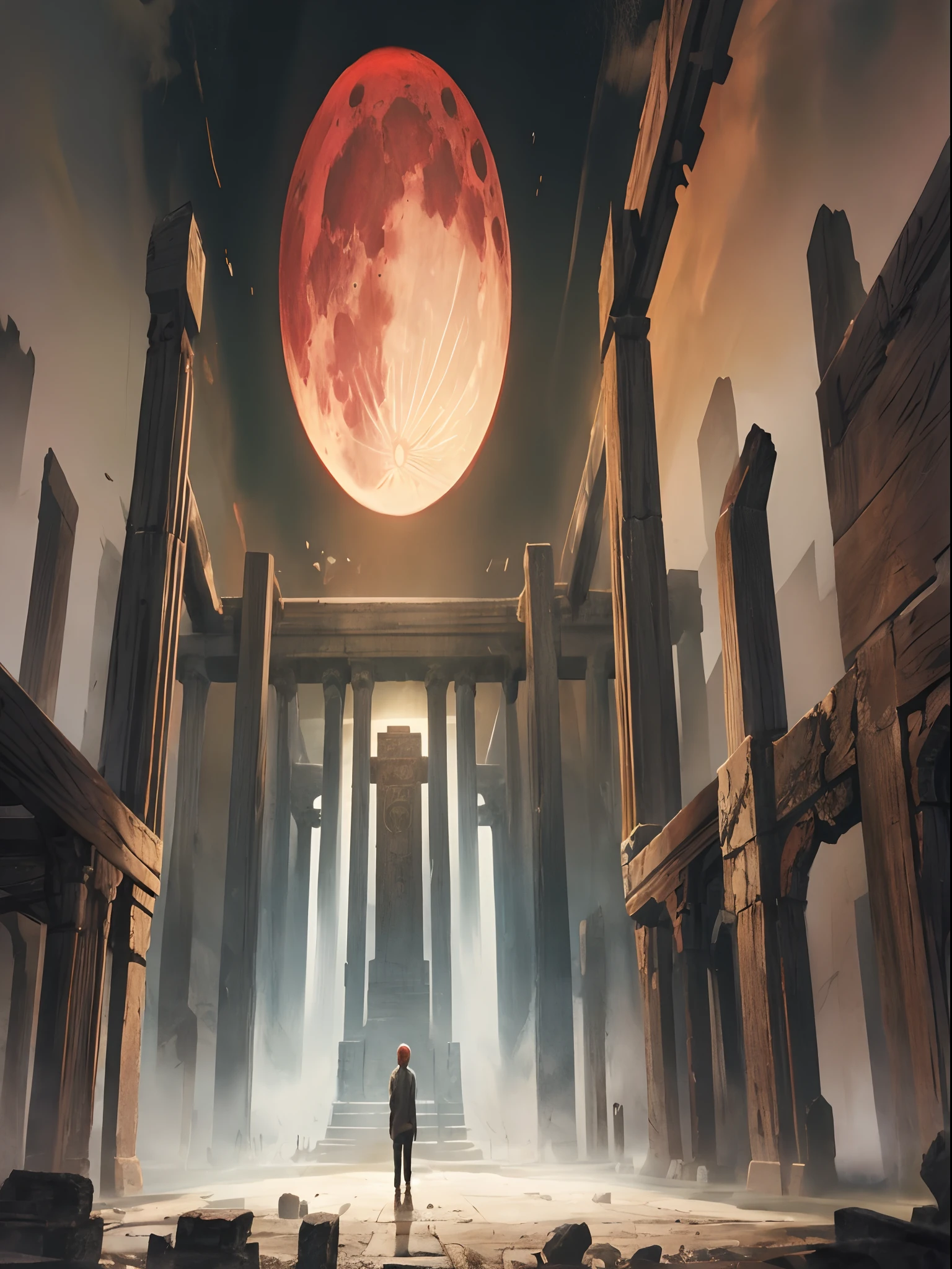 design sense，Blood Moon，Heavy fog，temple ruins，a throne