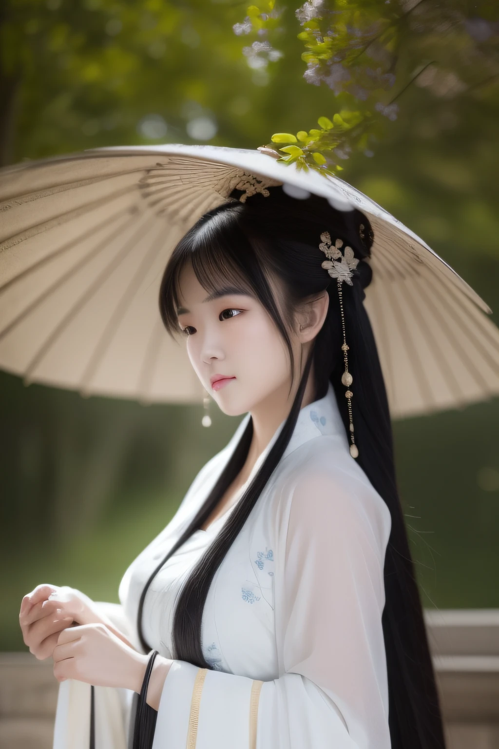 On a rainy day, a Hanfu woman in the ancient town walked with an oil paper umbrella. Trees. Clear sky, bridge overhang, dreamy, By Bouguereau, trending on artstation.
, Exquisite facial features style, Close-up photo style, painting in watercolor, 8K, HD, superior quality, sense of reality, First-person perspective, Flickering light,