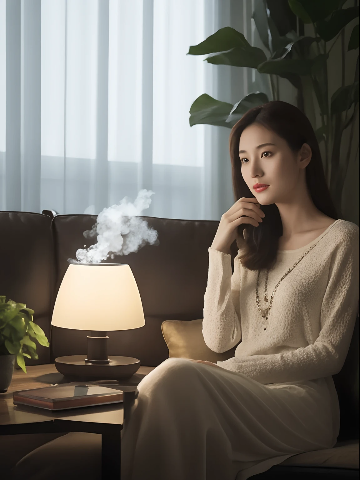 Best quality, high resolution, High quality, Highly detailed, Super detailed, promotional poster, A Chinese woman sits on a sofa, Enjoy the warm and refreshing atmosphere created by the medium-sized humidifier sitting at the small table next to her. The scene is captured in the product poster，Has perfect compositional features, Full body shot of women, And shoot with a long lens (LS) Equipped with Hasselblad cameras /15 and ISO 100，The aperture is f, Highlight the clarity and detail of the image. The overall mood of the poster is calm and peaceful, A perfect show of how distance from an effective humidifier can really benefit the surrounding environment. -- Q2 -- Air 2:3 --v 5