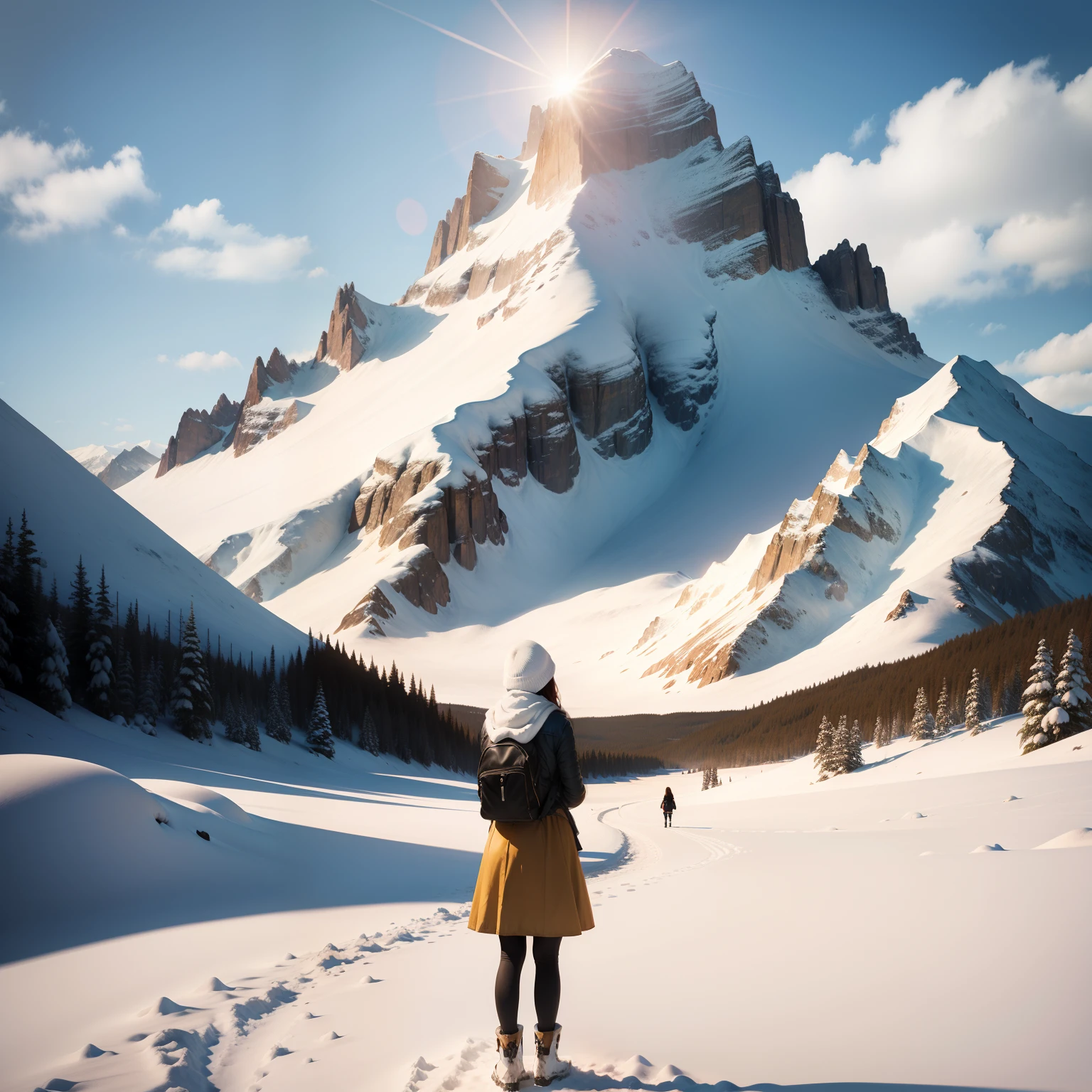 A girl stands in a square, and behind it is a snowy mountain of sunshine