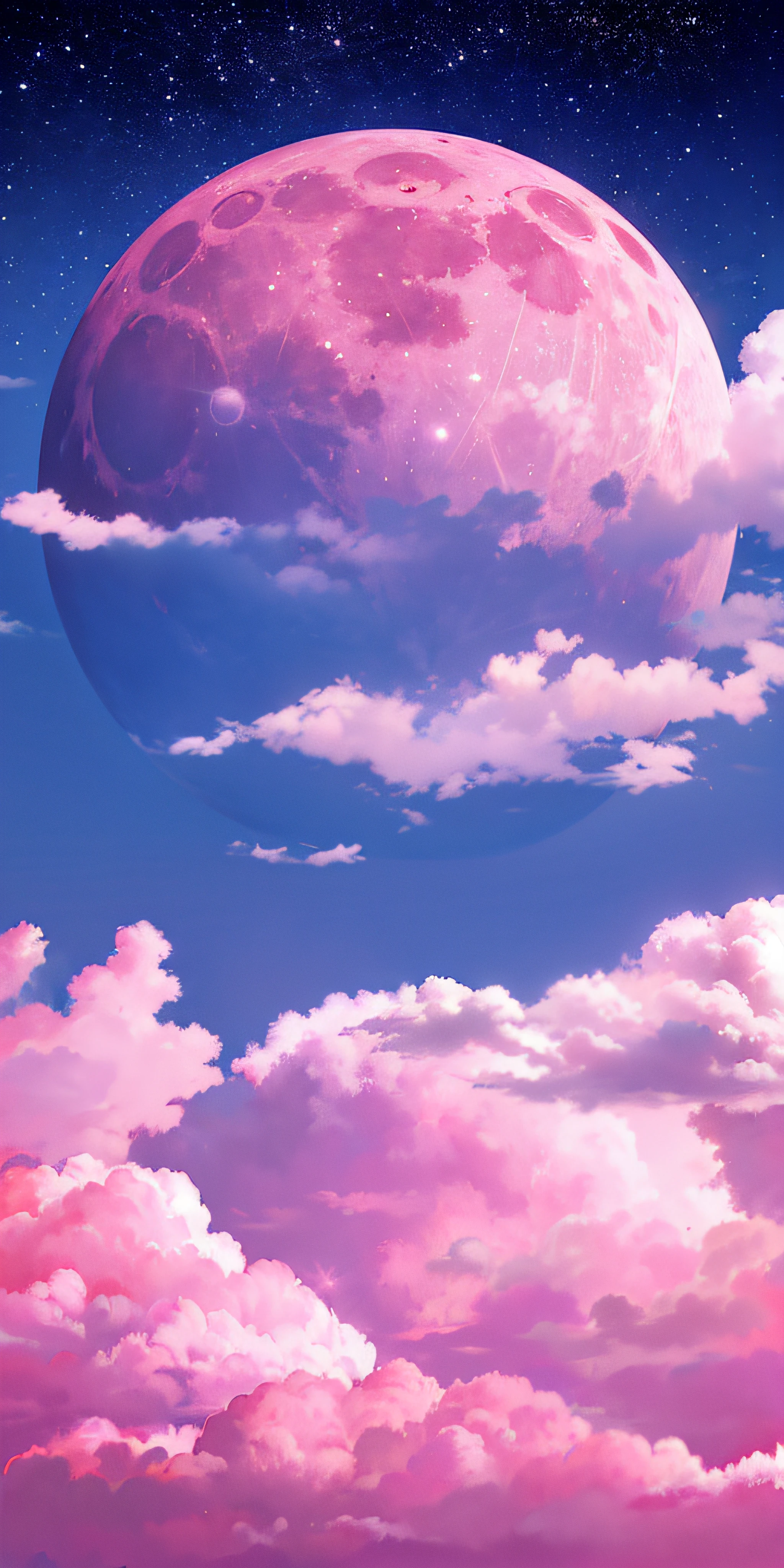 Pink moon, pink sky, soft pink clouds, pink ocean waves sparkling, sparkling, pink roses on pink ocean, fantasy, diamond, crown, universe, soft lights,