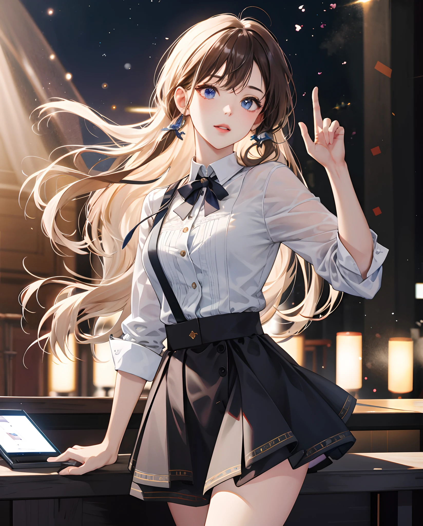 best qualtiy, tmasterpiece, 1girll, beauitful face, (photograph realistic:1.3), edge lit, (highdetailskin:1.2), 8K UHD, digital SLR camera, high high quality, A high resolution, 4k, 8k, bokeh, absurderes, Optimal proportions of four fingers and one thumb, (realisticlying:1.3), Cute 1girl, Wear a white transparent shirt, mediuml breasts, short skirt,