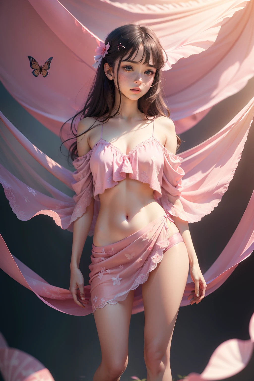 Modern surreal photography style, Ultra-realistic full-body portrait wrapped in fluttering fabric, pink fabric,Empty and atmospheric simplicity background,wide wide shot, UHD image, intricate foliage, post-proces