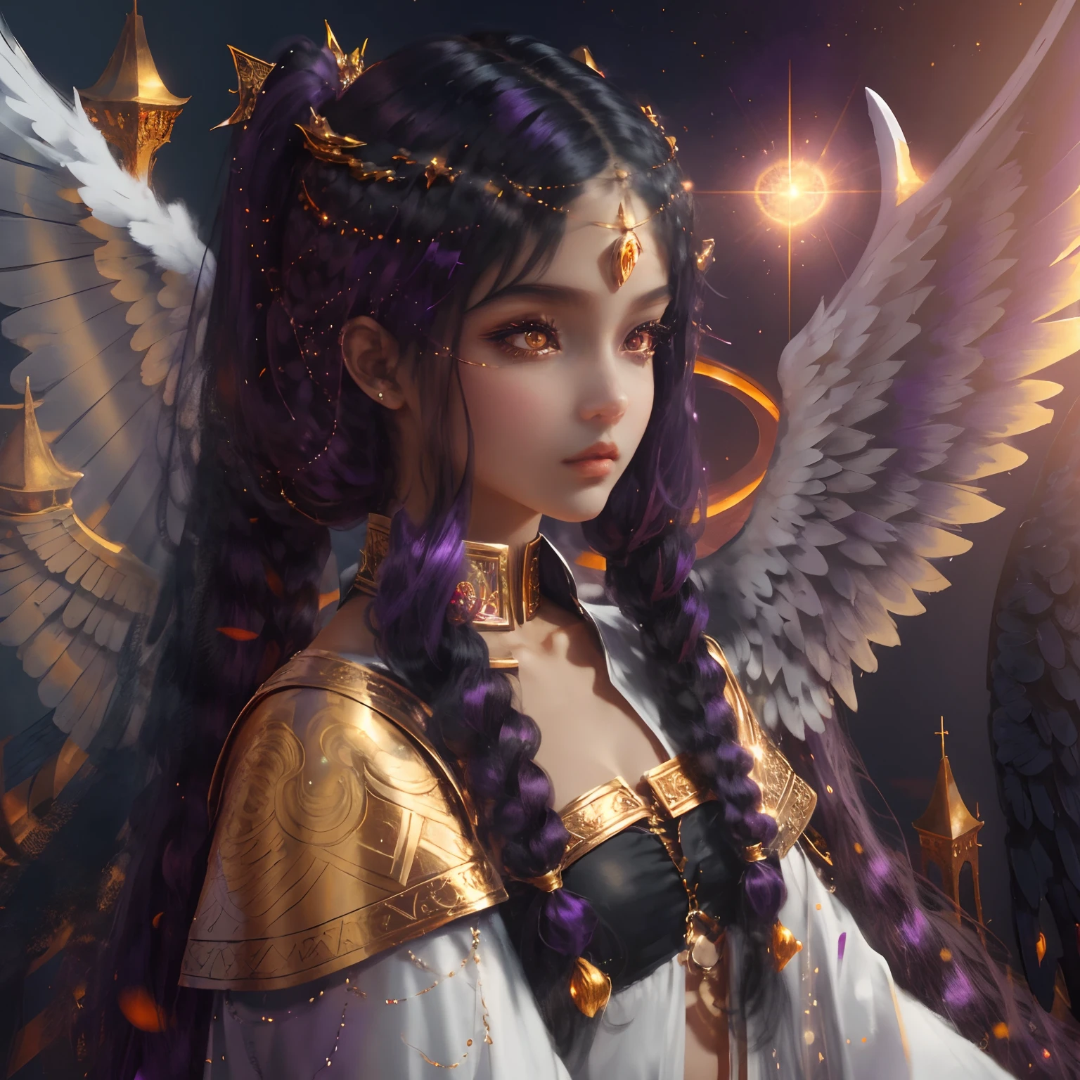 1girl, dark purple hair, long hair, pigtails, orange eyes, detailed eyes, dark skin, black person, white clothes, archangel, gold ornaments, highlights, angel's city, fantasy, anime