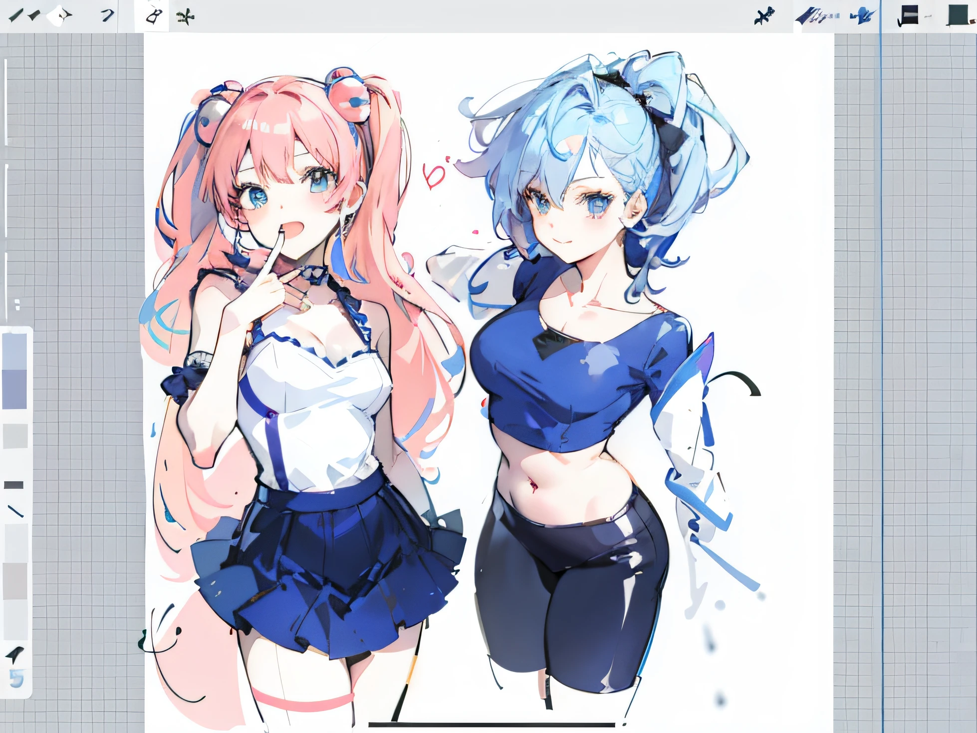 Sketch of two women dressed in blue and white, A red-haired, jazza and rossdraws, flat anime style shading, in the art style of 8 0 s anime, ig studios anime style, drawn in anime painter studio, semirealistic anime style, Anime art style, anime realism style, In anime style, peach and goma style, in an anime style