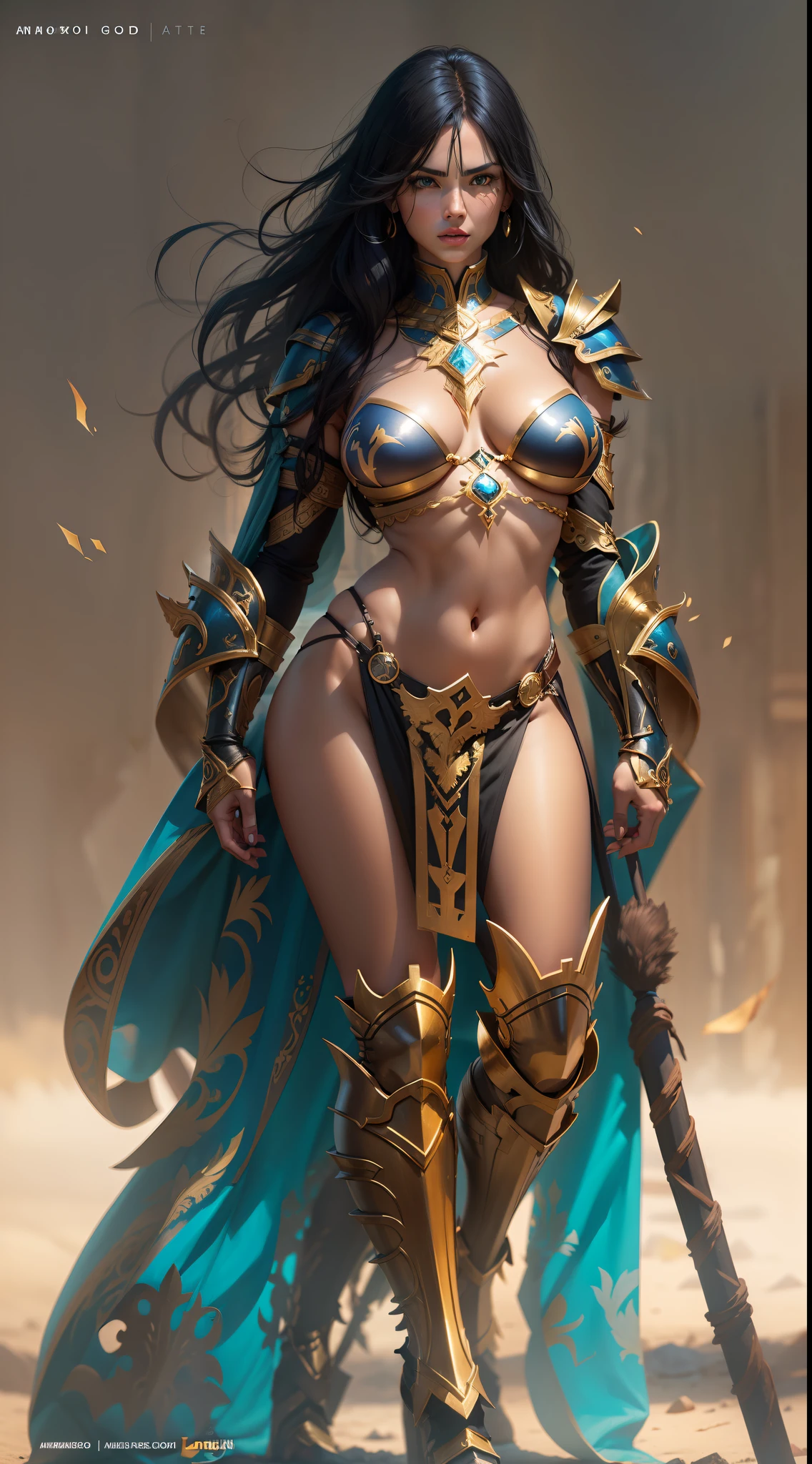 woman, amazon warrior, glossy black hair, blue eyes, slim fit body, big breasts, topless, gold micro bikini armor, standing, full body
