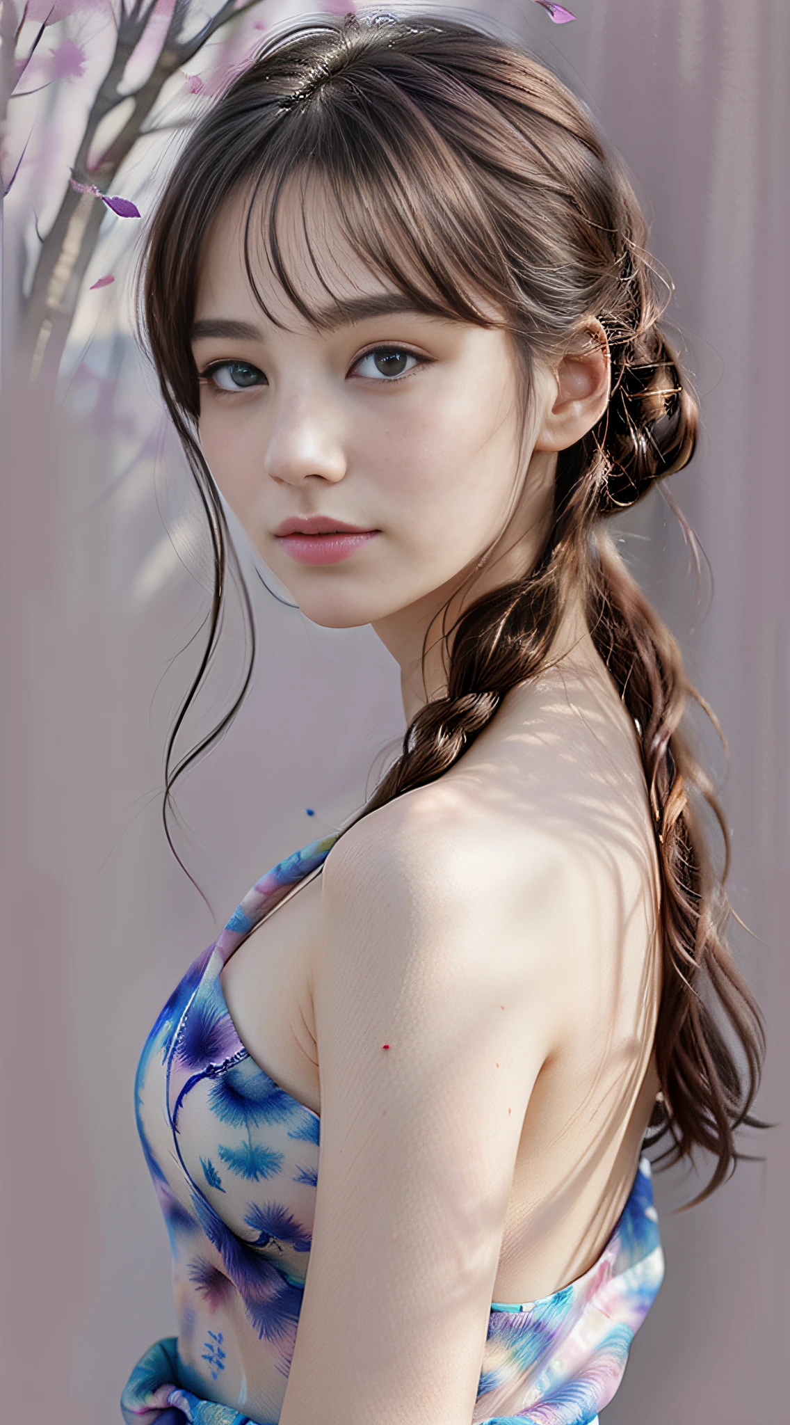 (8K, Best quality, Masterpiece:1.2),(Best quality:1.0), (超高分辨率:1.0), aquarelle, A beautiful woman, Shoulder, tress ribbon, author:Agnes Cecile, half-body portrait, extremely luminous bright design, Pastel colors, (ink:1.3), Autumn lights