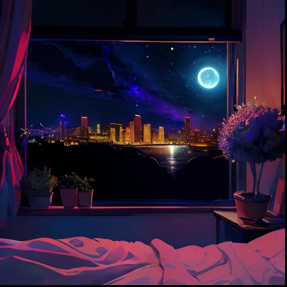 dreamlikeart, masterpiece, best quality, playlist album, vibing, escape from reality, dreamy, midnight vibes, lofi art, digital art, mellow, day dreaming, slow vibes, cityscapes, midnight bedroom, lo-fi art, midnight lo-fi