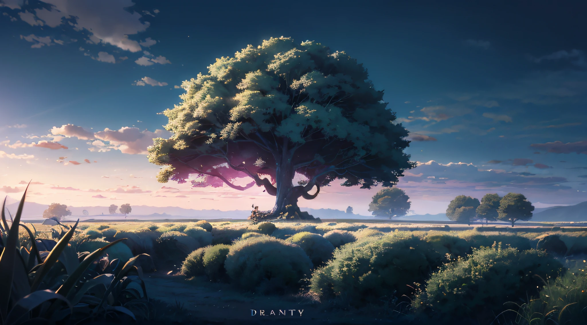 (extremely detailed CG unity 8k wallpaper, masterpiece, best quality, ultra-detailed), best illumination, magical tree, alone, mysterious, enchanting, vast field, subtle wind, moody sky, dreamlike.