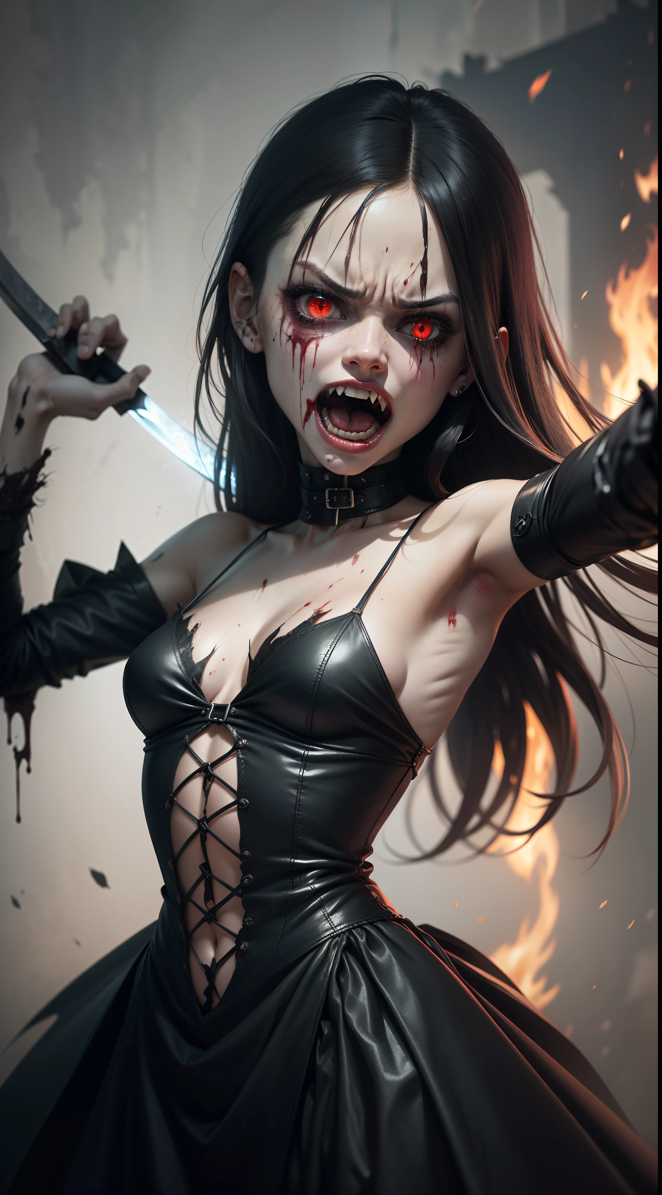 A very pal young girl humanoid 
character, with red eyes, her name is Cassie, 
she is crazy, nuts, with cuts and scraps, horror, 
she is creepy, she is scary, shock value, 
very evil, ill, she is skinny, evoke, fear, terror, 
dread, decay, disgust, she is a Psycho, dark, 
unattractively, unusually thin, thin, scraggly, 
emaciated, twisted, frightening, sick, 
dark background, long black_dress, gore, 
blood, solo, close up, (messy_long_white_hair), 
fog, evil eyes, she is flat, eyes glowing, 
dress fully covers her, she's nut, yelling, 
she's mad, she's furious, 
she's screaming out loud, showing teeth, 
mouth open wide, yelling at the camera, 
fire in the background, rage, sharp teeth, 
bloody mouth, vampire like, flat_chested, holding a sword