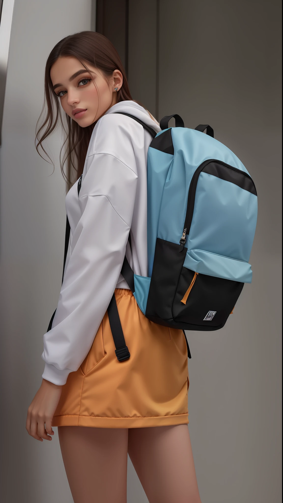 mulher linda arafed de mini saia curta, mini saia curta, with a backpack standing in front of a door, mochila, com uma mochila, uma mulher usando uma mochila, uma mochila, Fotografia de uma mulher techwear, mini saia apertada, mochila escolar, mulher no streetwear, multiple colors, she is wearing streetwear, a mulher tem uma mochila, cores diferentes, with details Colorations fluo, Colouring, dois - tom
