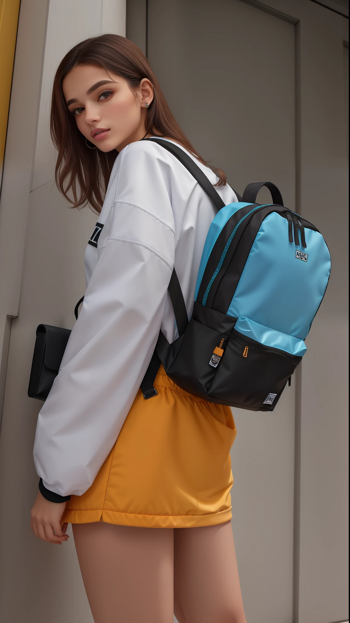 mulher linda arafed de mini saia curta, mini saia curta, with a backpack standing in front of a door, mochila, com uma mochila, uma mulher usando uma mochila, uma mochila, Fotografia de uma mulher techwear, mini saia apertada, mochila escolar, mulher no streetwear, multiple colors, she is wearing streetwear, a mulher tem uma mochila, cores diferentes, with details Colorations fluo, Colouring, dois - tom
