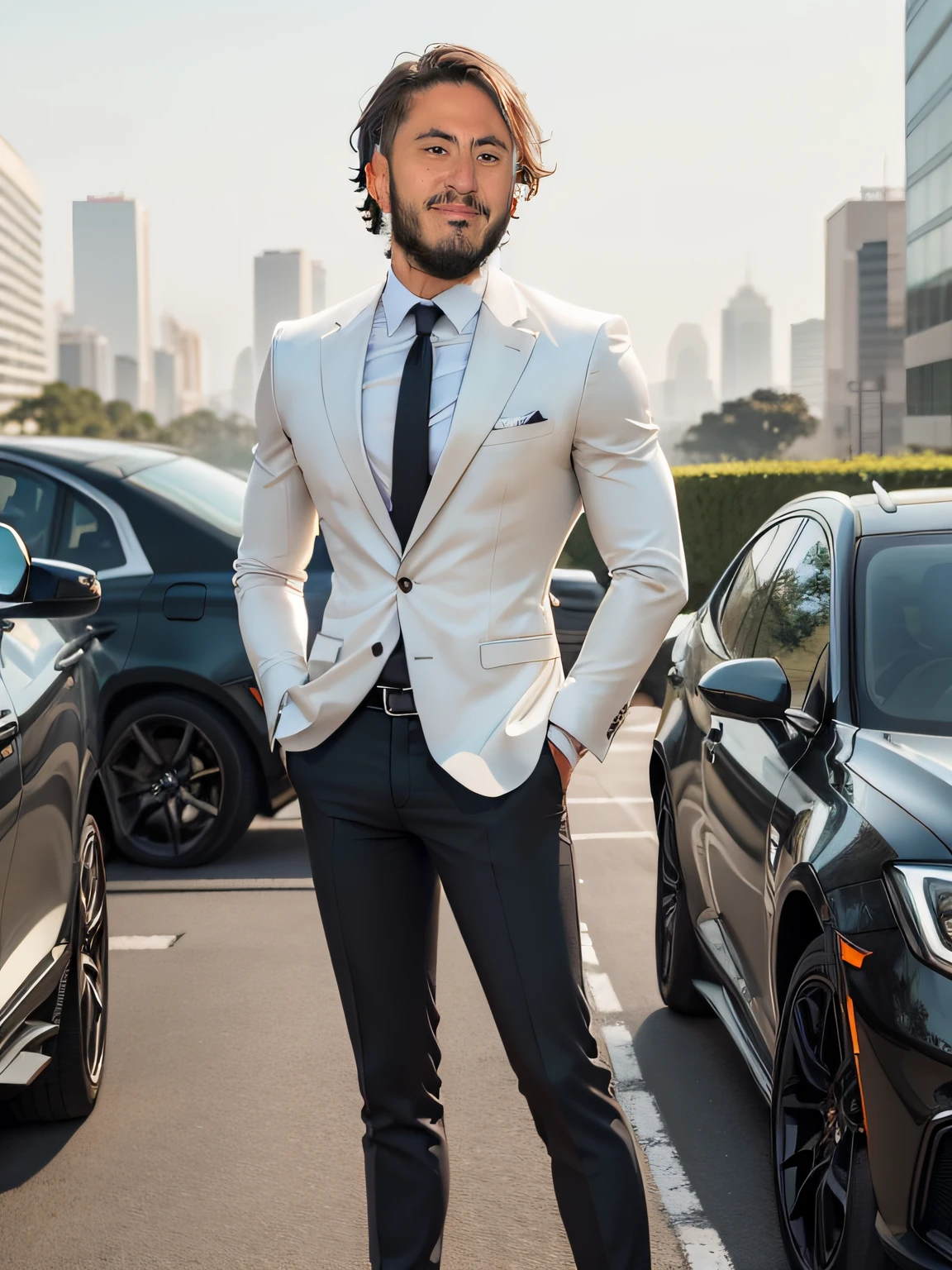 Visualize a man of striking presence, elegantemente vestido com um terno preto sob medida. The fabric of the suit is soft and of high quality, moldando-se perfeitamente ao seu corpo. The white shirt underneath the suit is impeccably lined up, e uma gravata preta adiciona um toque de refinamento.

He's positioned sideways, virado para um carro preto que pertence a ele. The car is an extension of its sophisticated style, with an aerodynamic silhouette and a glossy finish that reflects the surrounding environment. Alloy wheels add a touch of sportiness to its elegance.

The scenery of a city extends on the side horizon. Modern skyscrapers rise, criando um contraste fascinante entre o urbano e a figura imponente do homem e seu carro. The city lights begin to come on, casting a soft luminosity on the environment.

The man's posture is confident, with relaxed shoulders and head held high. He has a calm expression, indicating self-confidence and a natural connection to the surrounding scenery. Um vento suave faz com que sua gravata preta tremule elegantemente.

The side of the car is a study in elegance, with fluid curves and discreet details that enhance its beauty. The door handles are perfectly integrated into the body, and the reflections of light dance on its polished surface.

O conjunto da cena, com o homem, seu carro e o horizonte da cidade, It is a composition of class and discrete power. Cada elemento, from the touch of the suit to the side view of the car, works together to convey a sense of refined style in an engaging urban setting.