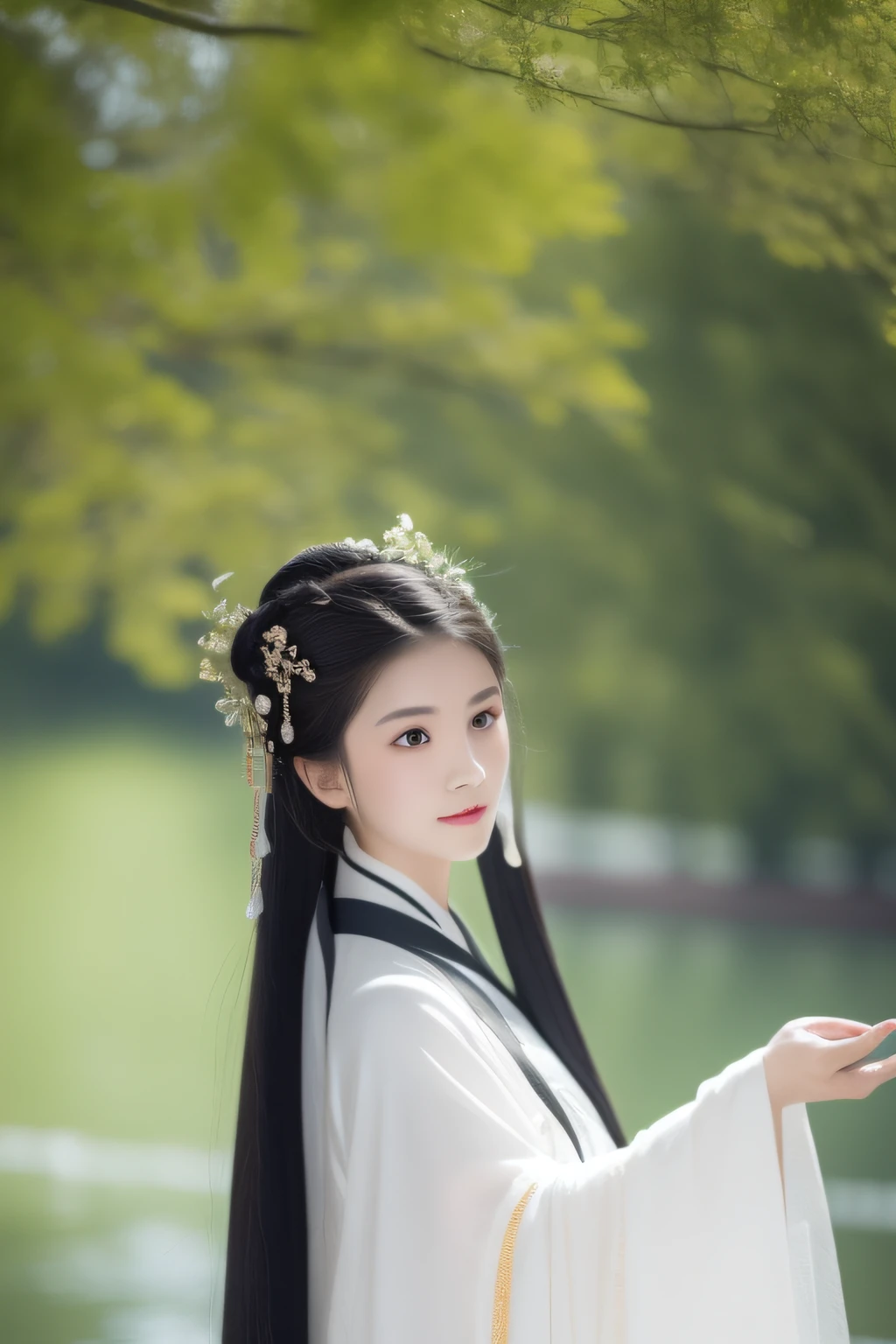 On a rainy day, A woman in Hanfu in Guzhen walks with an oil-paper umbrella. green trees. Clear sky, Bridge overhangs, Dreamy, Bouguereau reports, trending on artstationh.
, Exquisite facial features style, Close-up photo style, watercolor paiting, 8K,  k hd, Superior quality, realistic sense, First-person perspective, flashing lights,