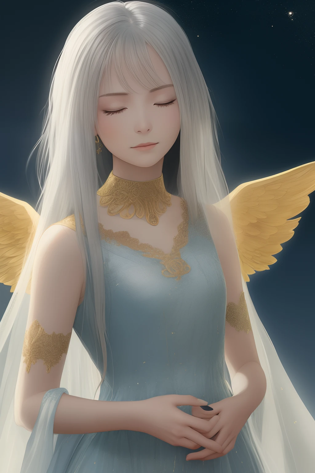 Girl with closed eyes and contemplation,Long silver-white hair,No bangs,It has white wings,Phoolan and gold、Long white dress,There is a pattern,Put hands together andpray,The background is dark blue,A beam of light illuminates the left half of the girl's face,The ends of the hair are dyed golden